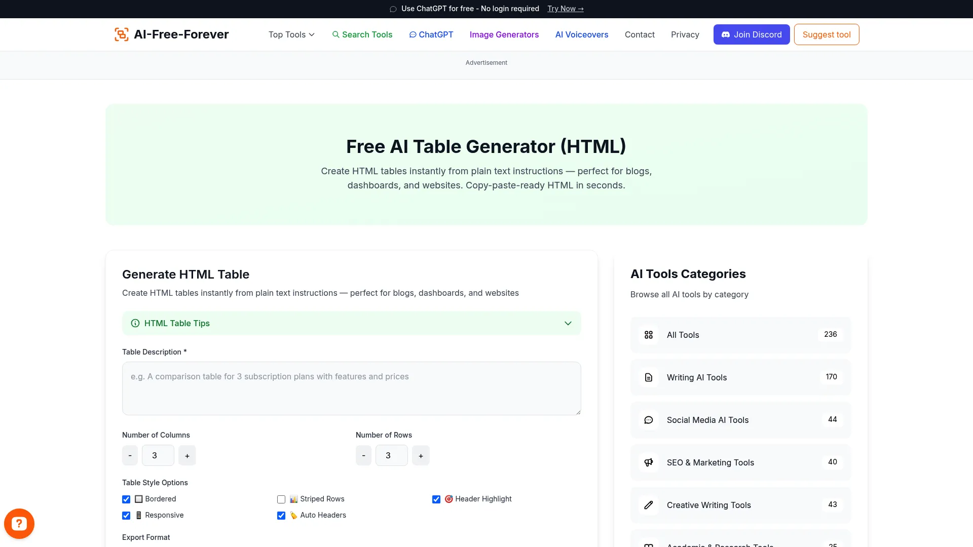 Free AI Table Generator HTML - Create responsive HTML tables with custom styling