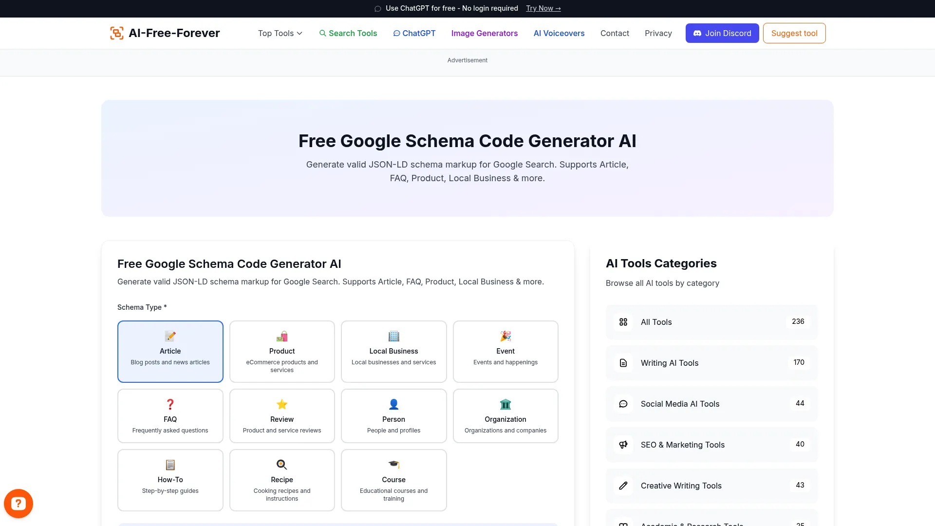 Free Google Schema Code Generator AI - Generate structured data markup for SEO