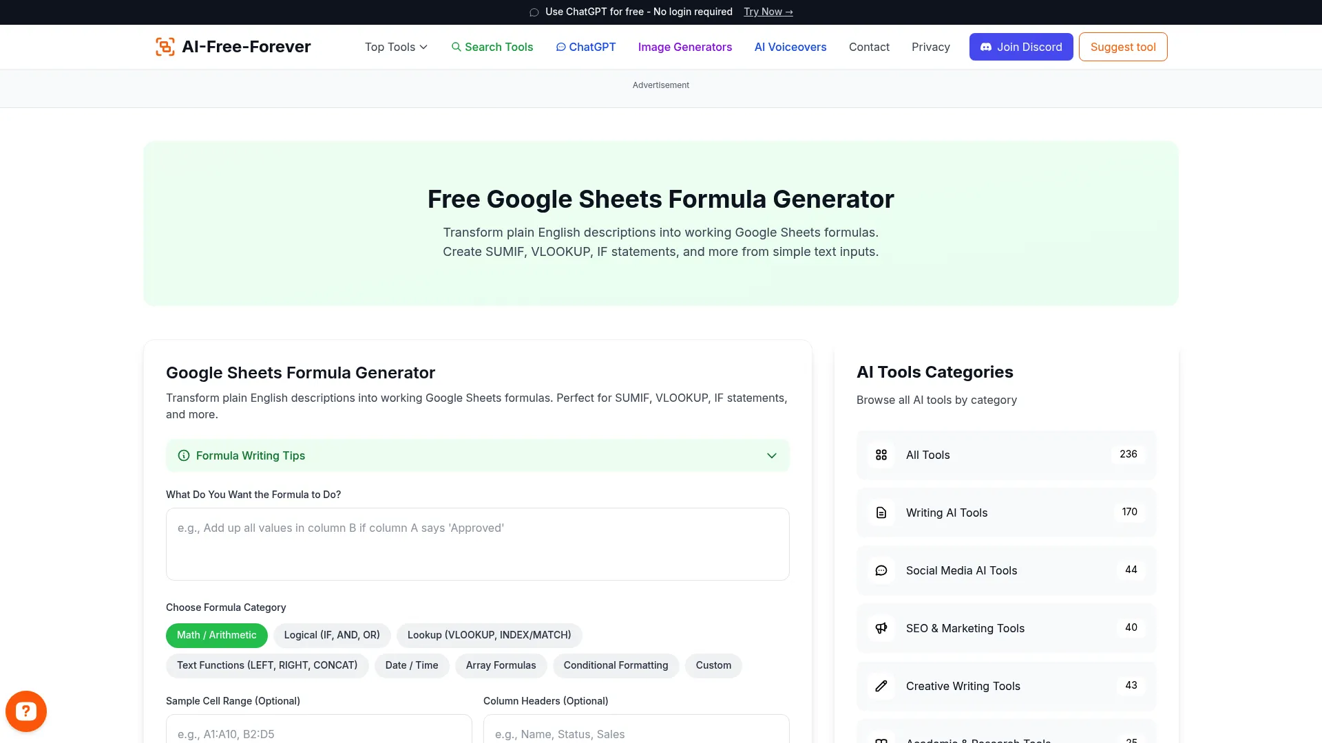 Google Sheets Formula Generator - Build advanced spreadsheet formulas instantly