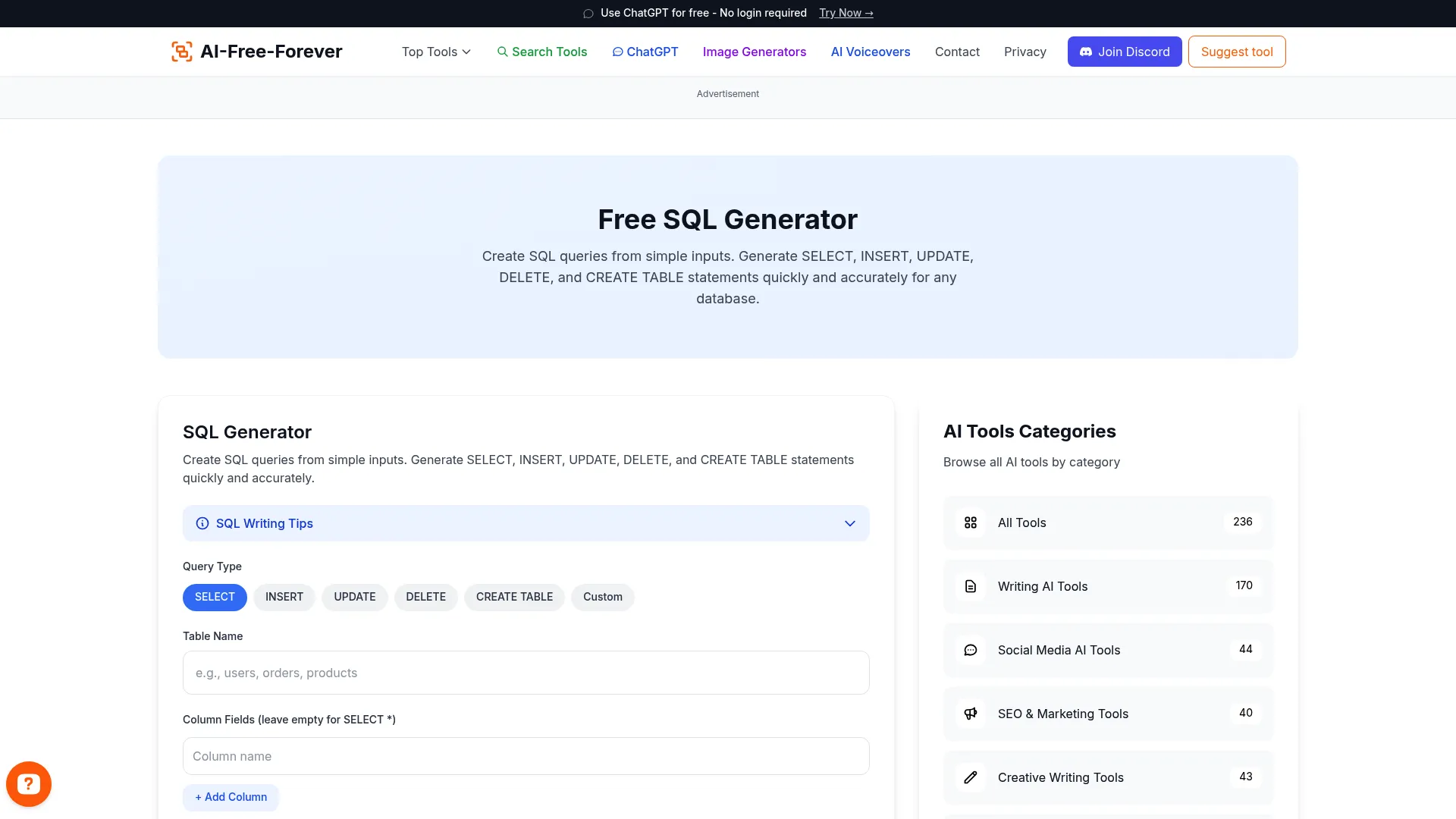 SQL Generator - Create complex SQL queries with natural language input