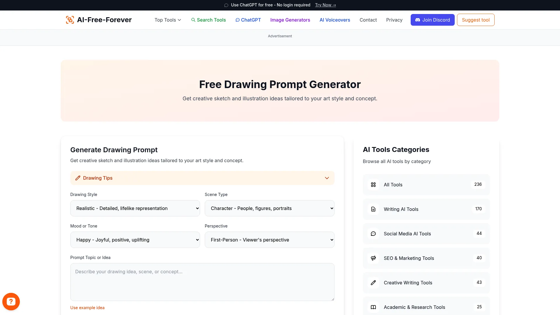 Free Drawing Prompt Generator - Get specific drawing ideas and sketching challenges