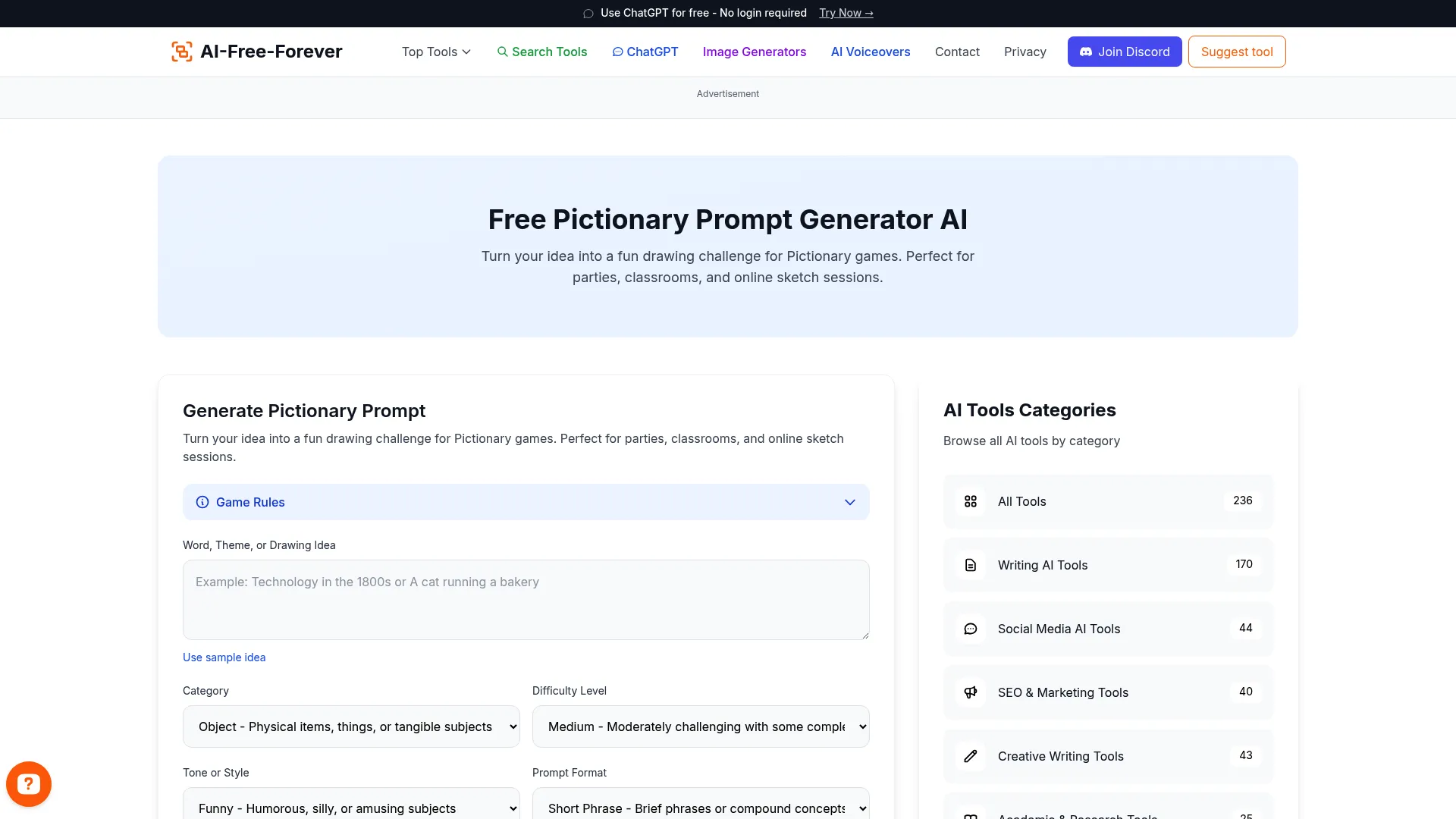 Free Pictionary Prompt Generator - Fun drawing prompts for games and group activities