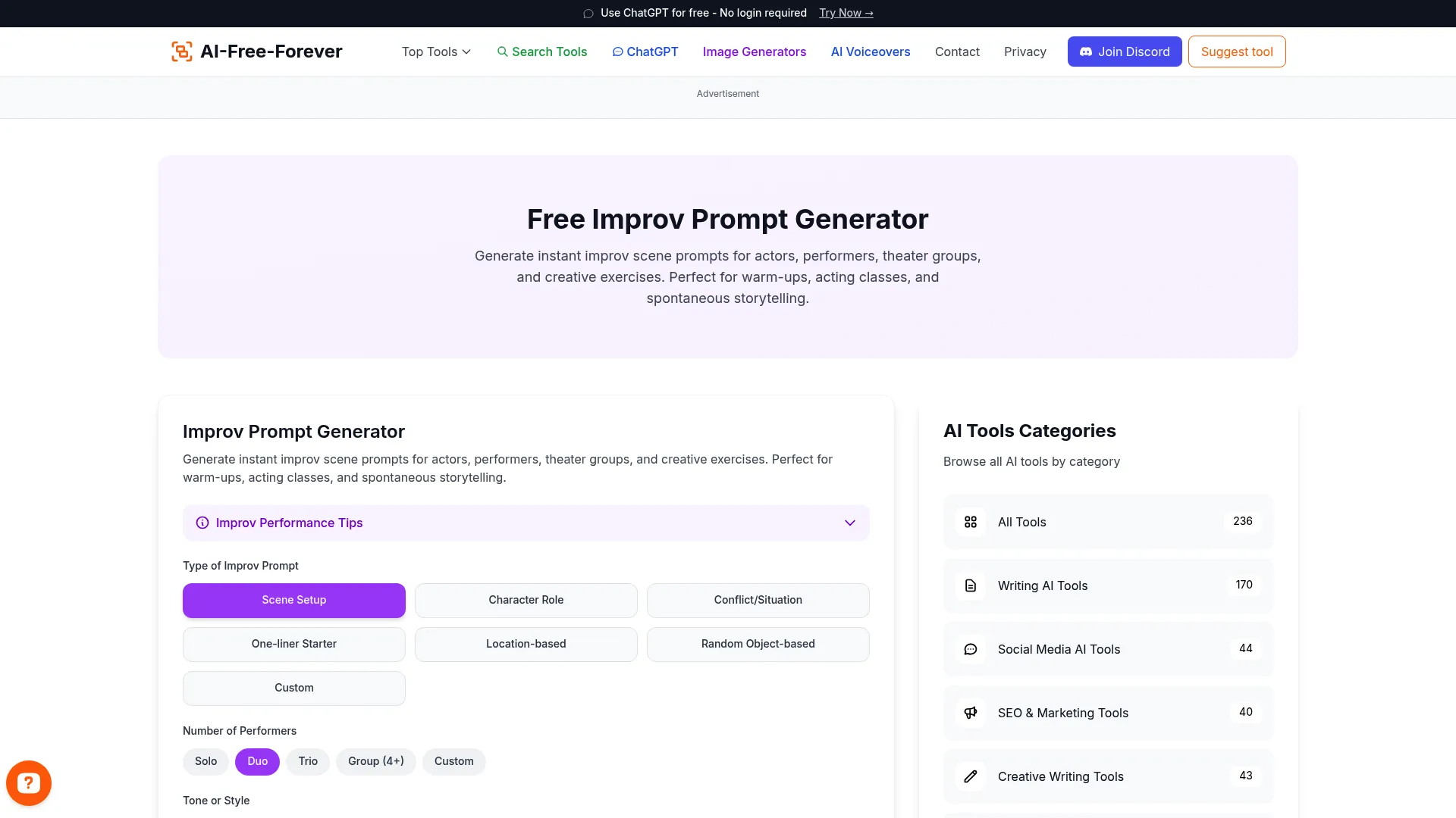 Improv Prompt Generator - Creative scenarios for artistic improvisation and exploration