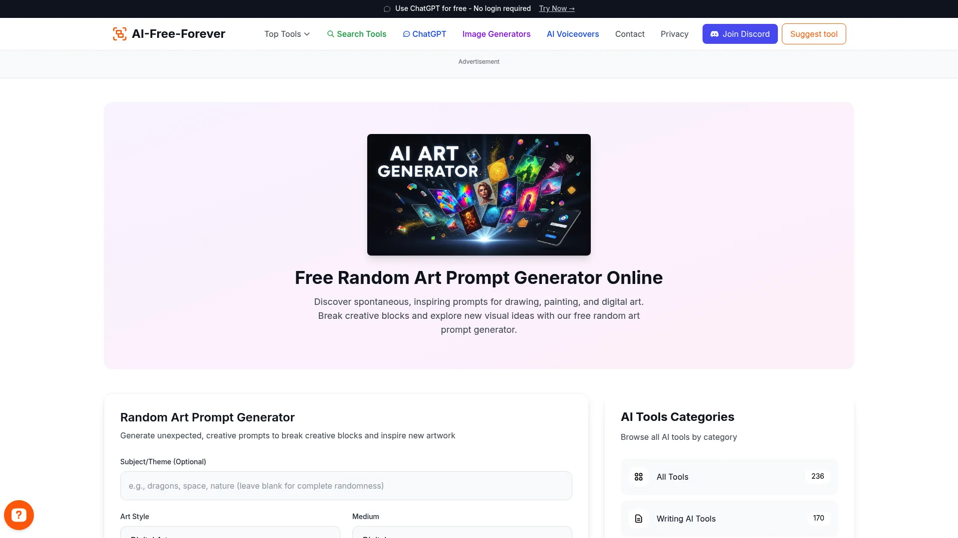 Random Art Prompt Generator - Discover unexpected artistic combinations and themes