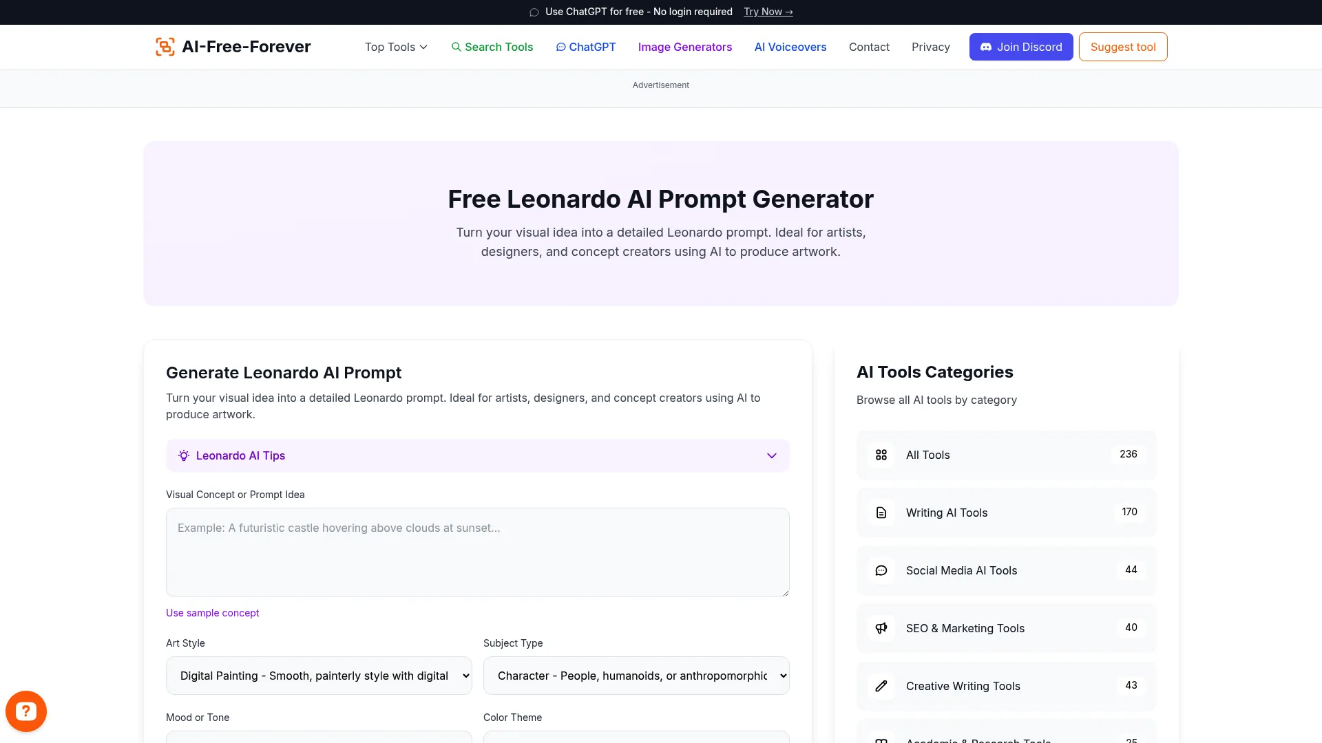 Free Leonardo AI Prompt Generator - Perfect prompts for Leonardo AI platform