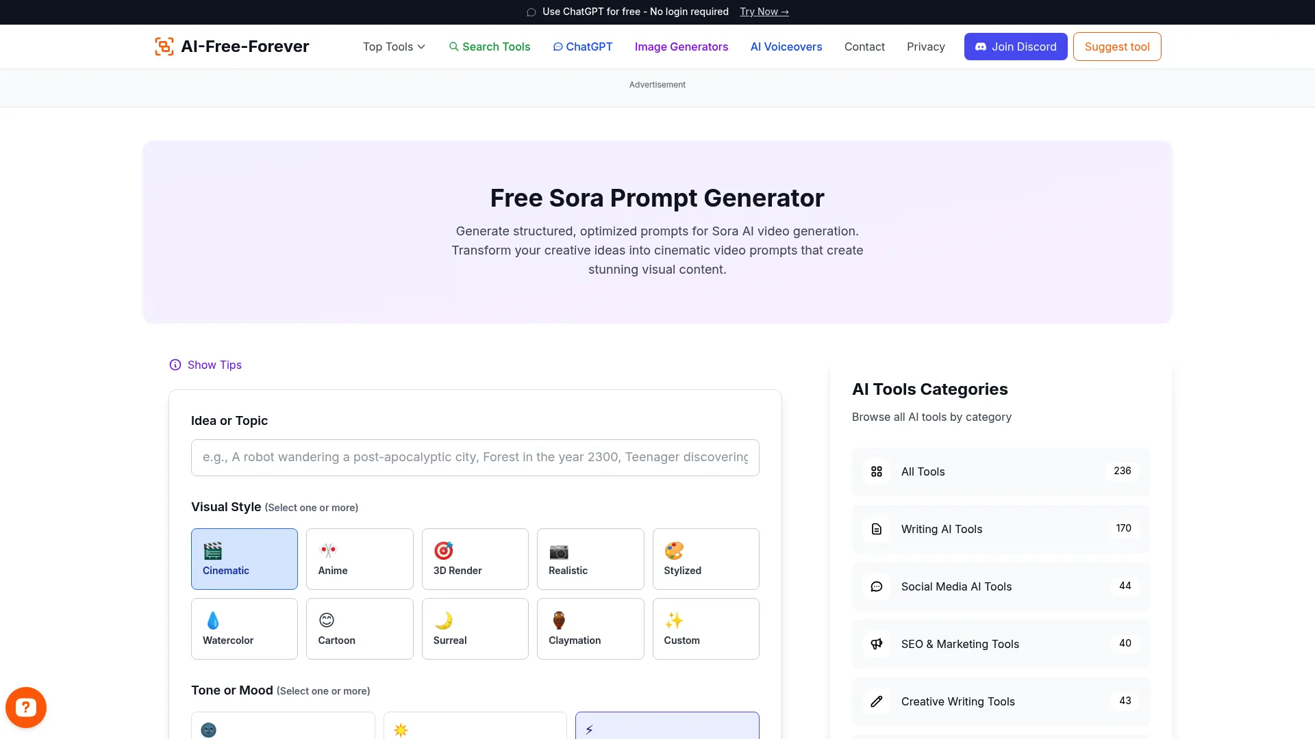 Sora Prompt Generator - Generate prompts tailored for OpenAI's Sora video model