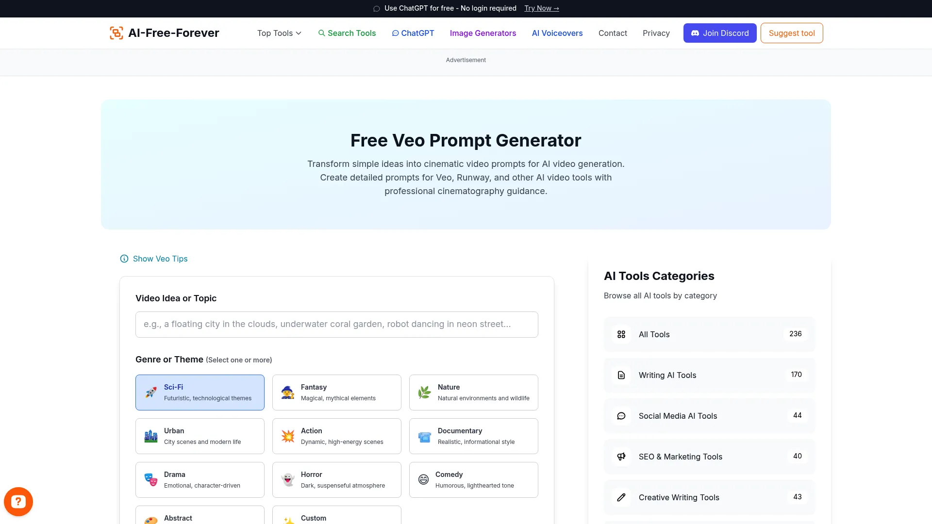 Veo Prompt Generator - Craft professional prompts for Google's Veo video AI