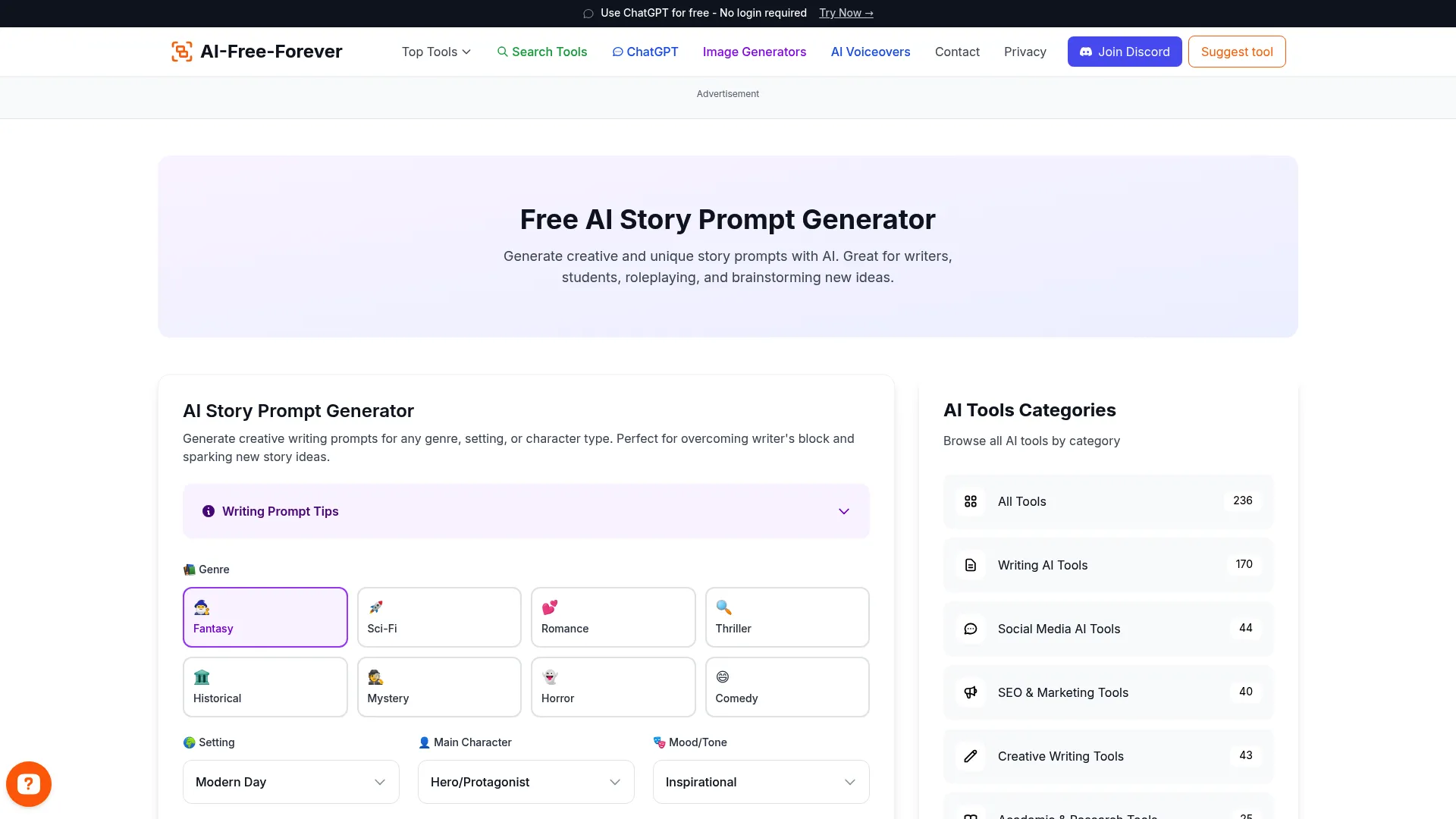 Free AI Story Prompt Generator - Generate compelling story ideas and plot starters