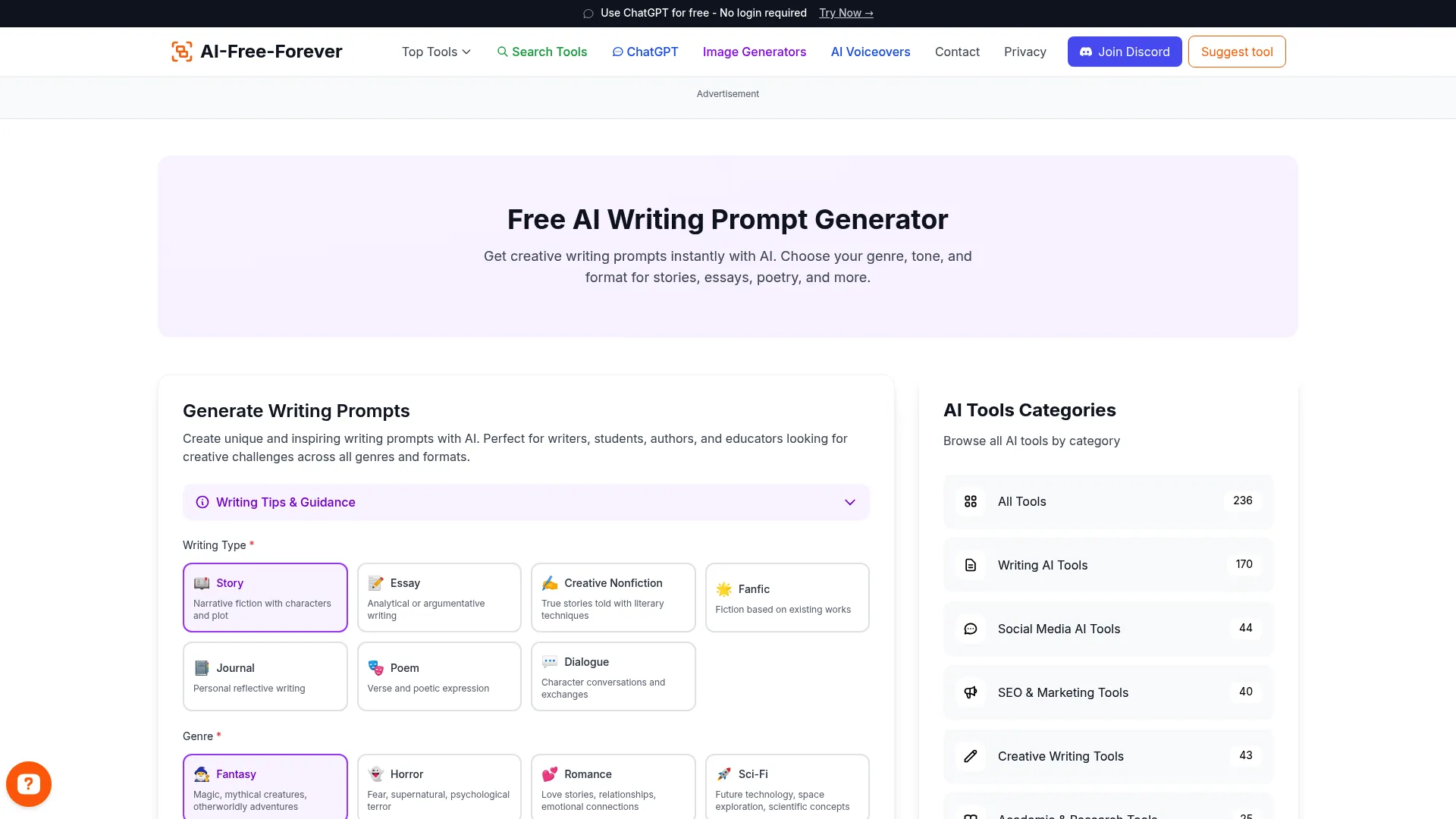 Free AI Writing Prompt Generator - Create prompts for any writing project or genre