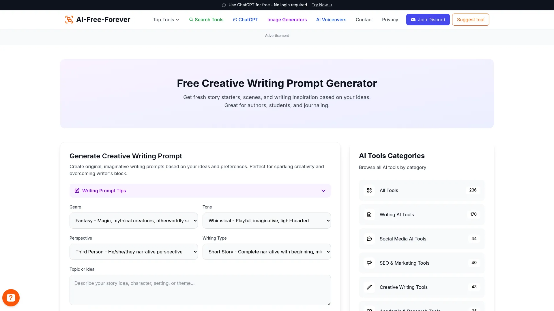 Free Creative Writing Prompt Generator - Spark creativity with unique writing challenges