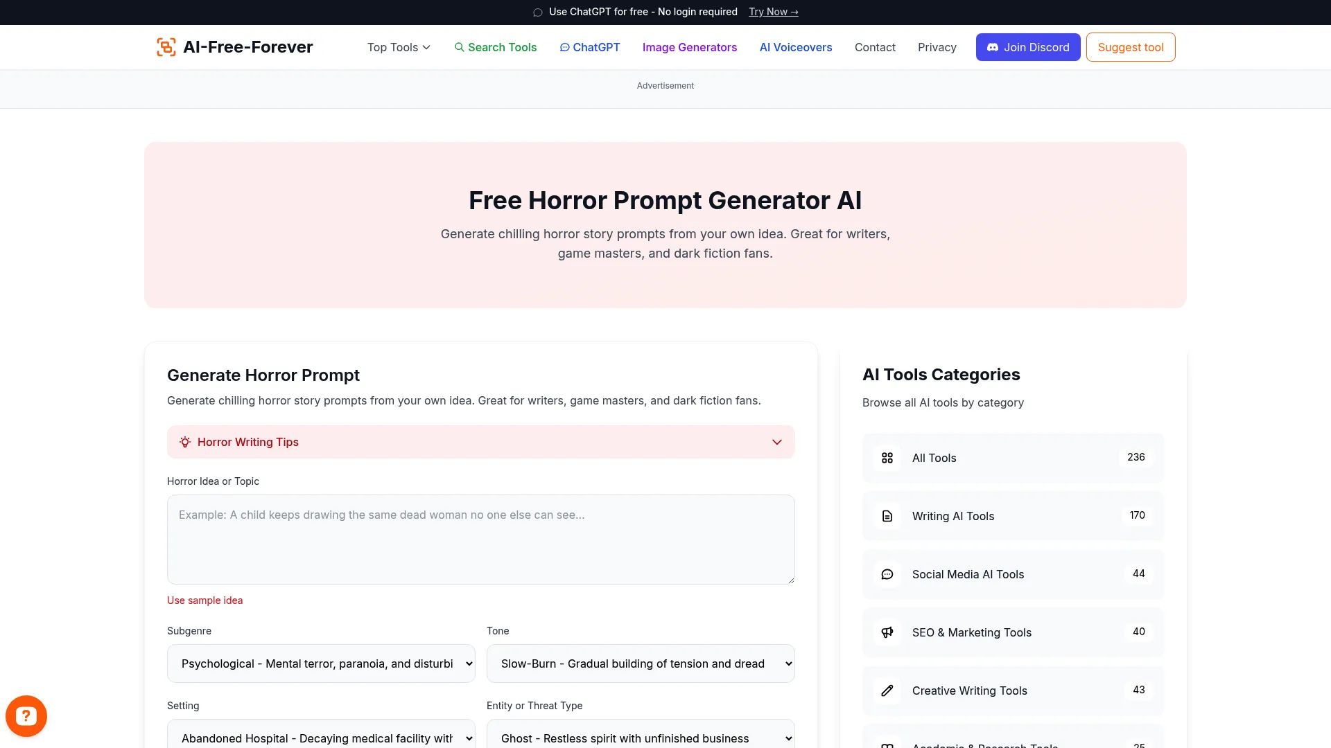 Free Horror Prompt Generator - Create spine-chilling horror story concepts