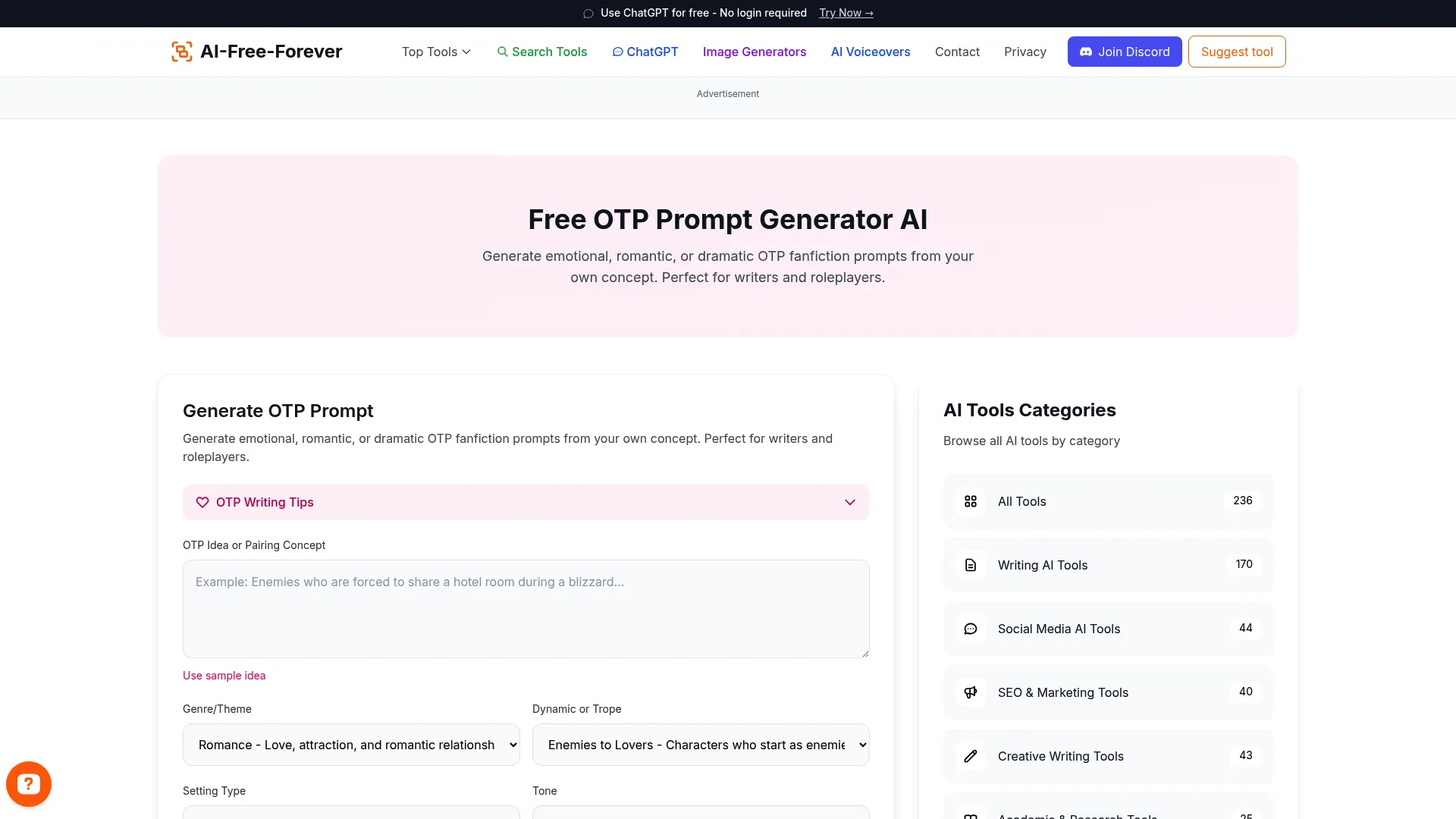 Free OTP Prompt Generator - Generate One True Pairing scenarios and situations