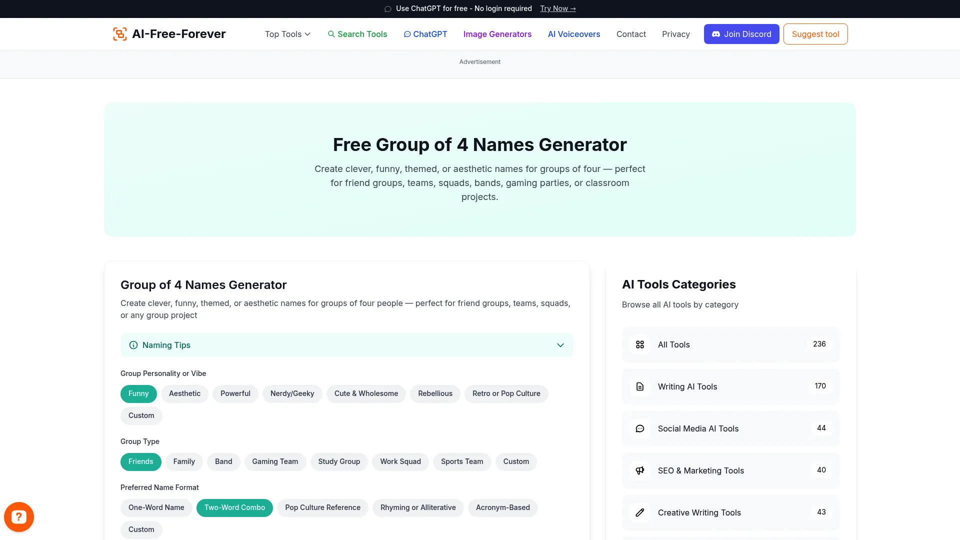 Group of 4 Names Generator - Create names for a group of four