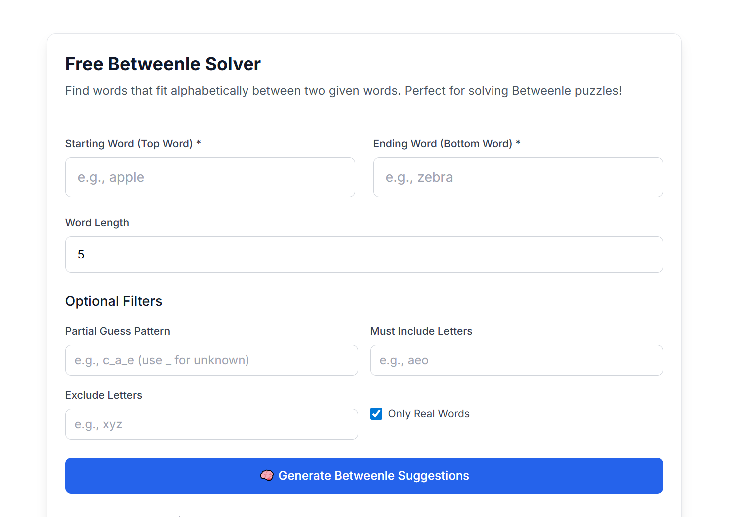 Free Betweenle Solver tool interface showing starting word, ending word, word length, and optional filters for solving Betweenle puzzles