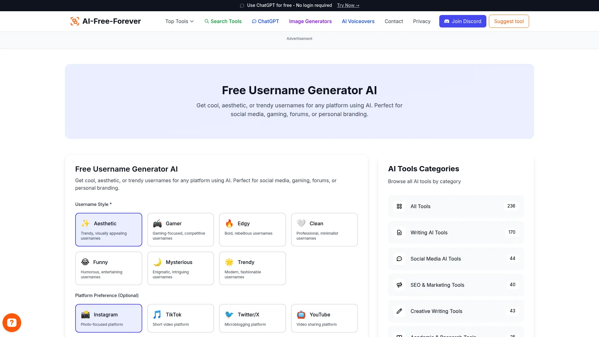 Free Username Generator AI - Brainstorm creative and unique usernames for your social media accounts
