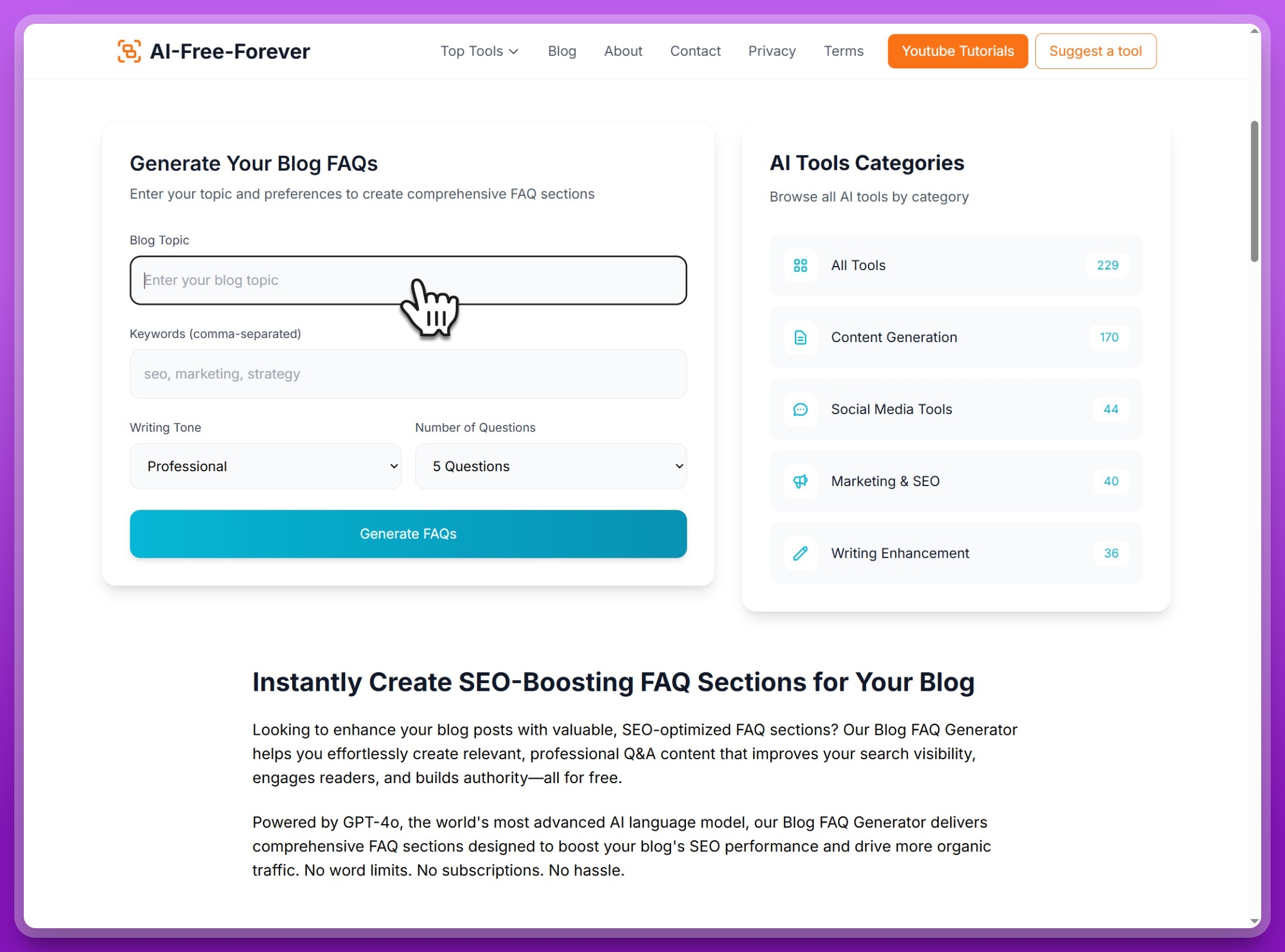 Step 1: Enter your blog topic in the Blog FAQ Generator input field to create targeted FAQ questions
