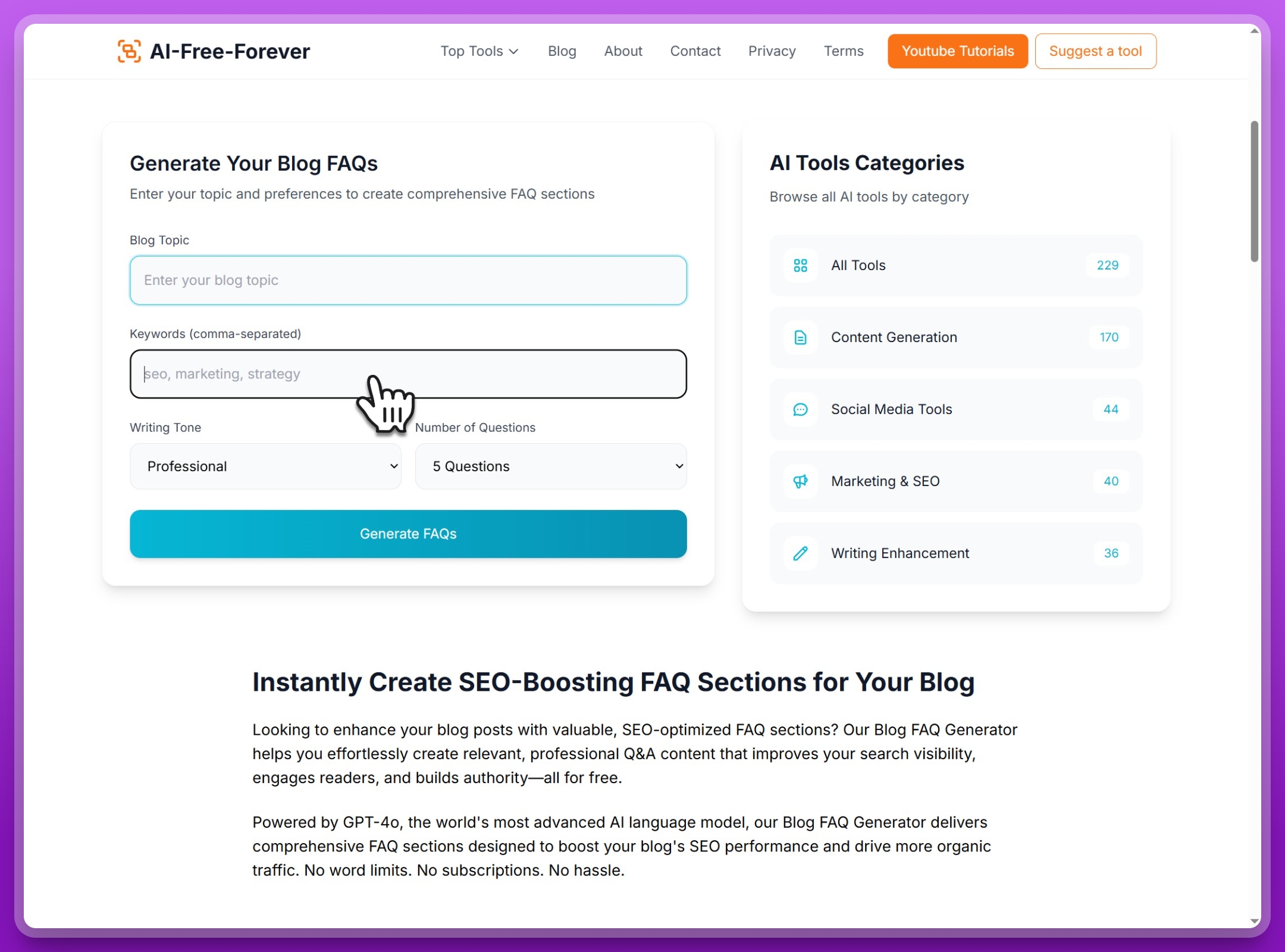 Step 2: Add relevant SEO keywords separated by commas to optimize your FAQ content for search engines