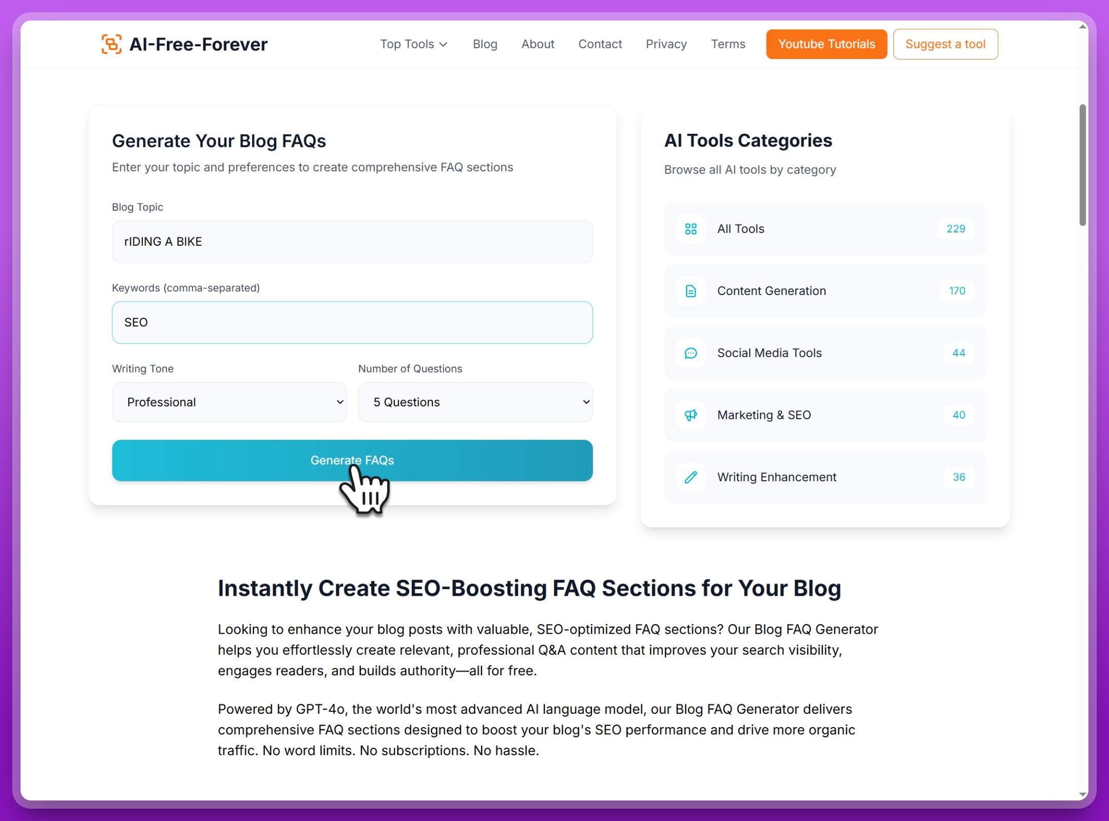 Step 4: Click Generate FAQs button to create AI-powered FAQ content for your blog post