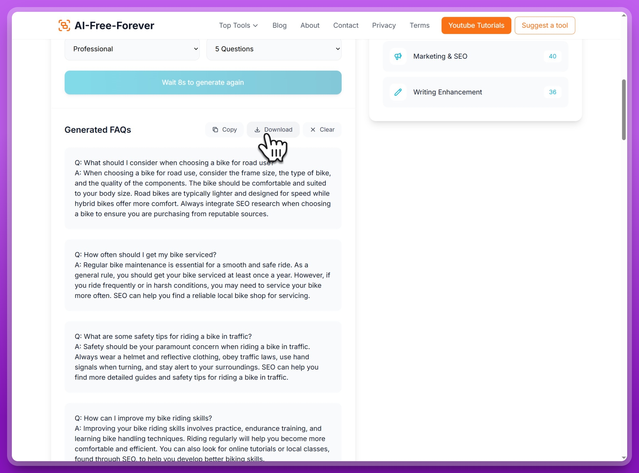 Step 5: Copy, download, or clear your generated FAQ content with easy-to-use action buttons