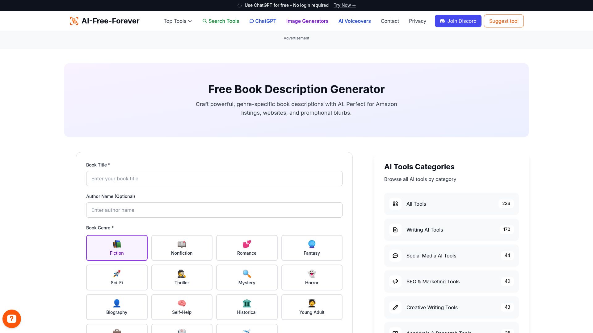 Free Book Description Generator - Generate professional book descriptions without any cost or registration requirements