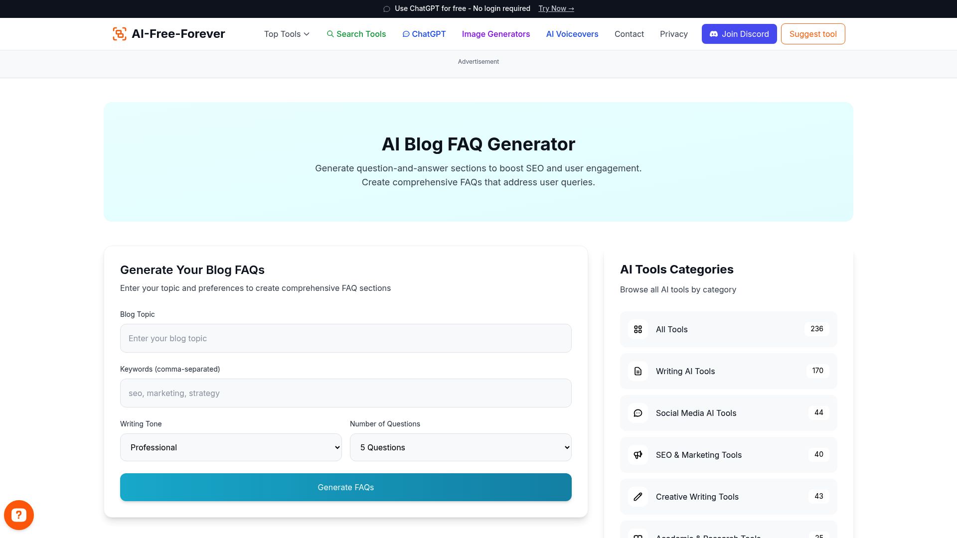 Blog FAQ Generator - Create comprehensive FAQ sections for blogs and websites with relevant questions and detailed answers
