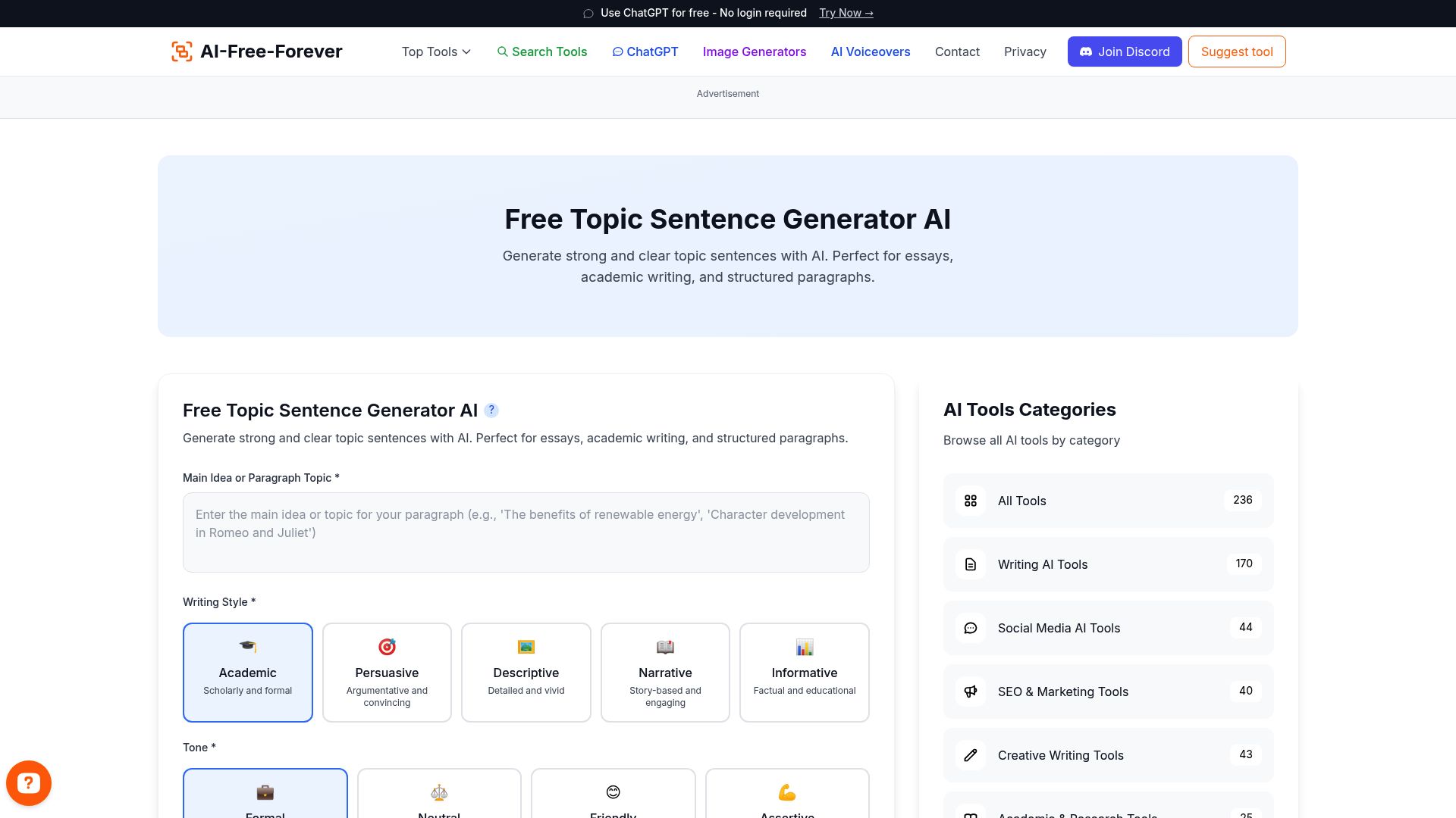 Free Topic Sentence Generator AI - Create compelling topic sentences for paragraphs and sections with clear focus and engagement