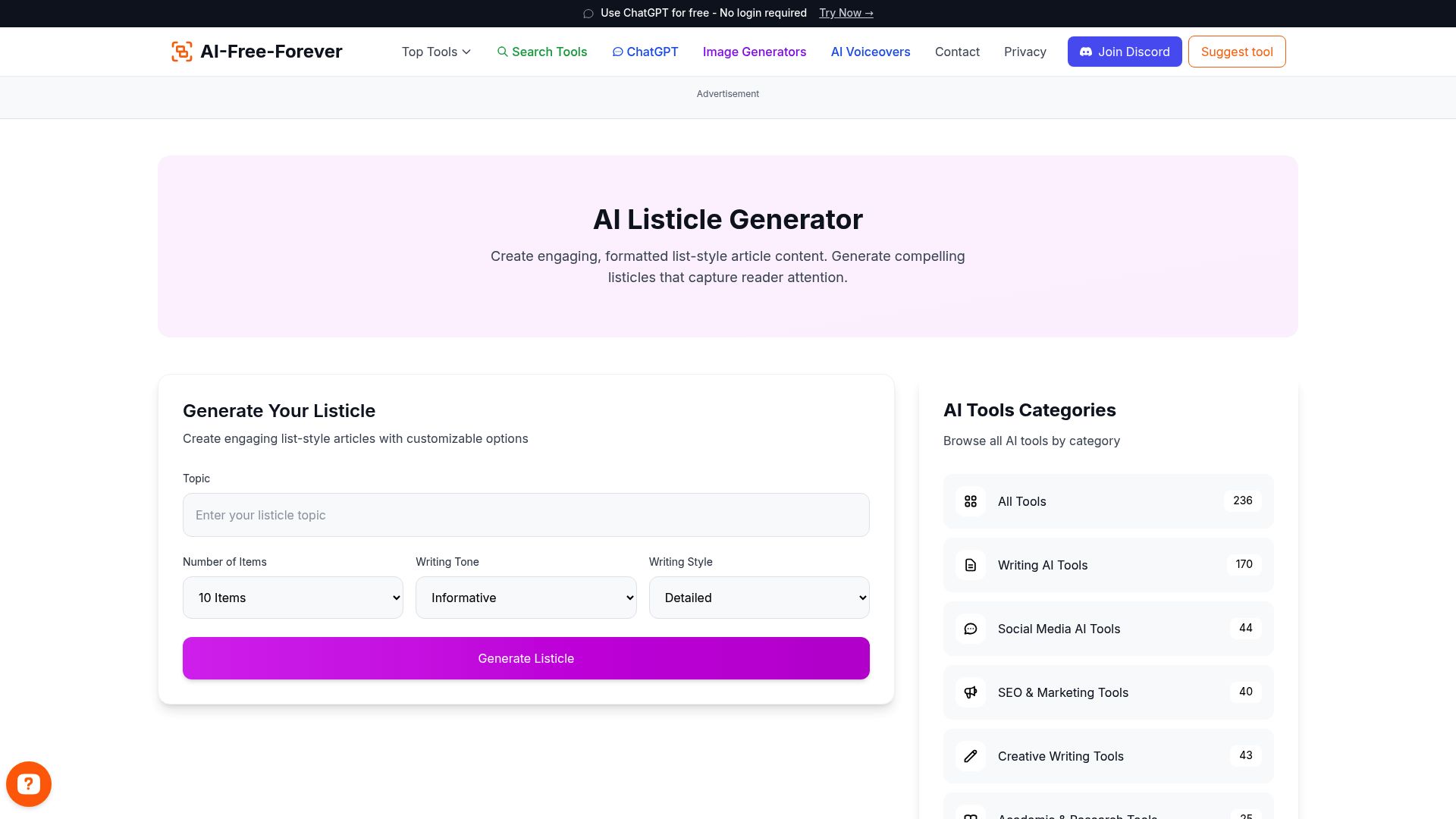 Listicle Generator - Create engaging list-based articles and blog posts with numbered points and compelling content structure