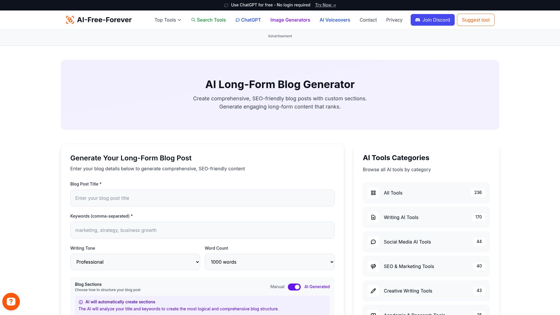 Long Form Blog Generator - Generate detailed, in-depth blog posts and articles with comprehensive coverage and SEO optimization