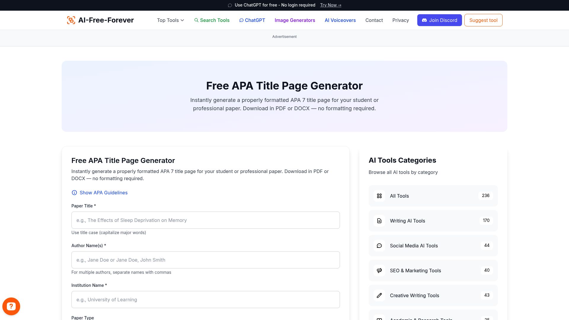 APA Title Page Generator - Generate professional APA-style title pages that meet academic standards and formatting requirements