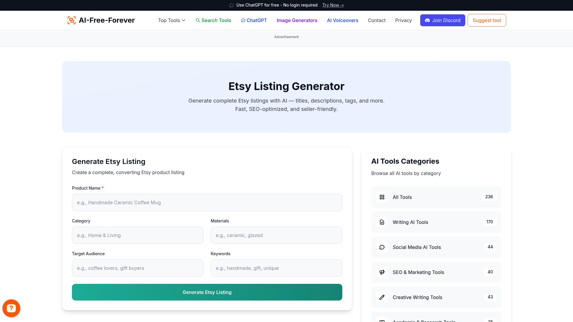 Etsy Listing Generator - Create complete Etsy listings with titles, descriptions, and tags