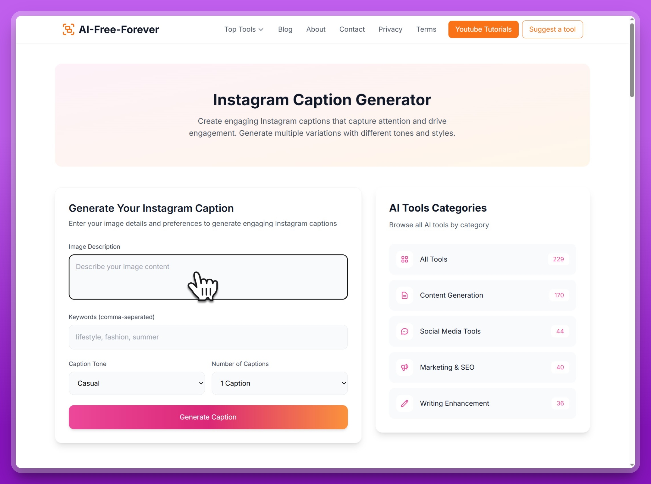 Step 1: Enter image description in the Instagram Caption Generator input field