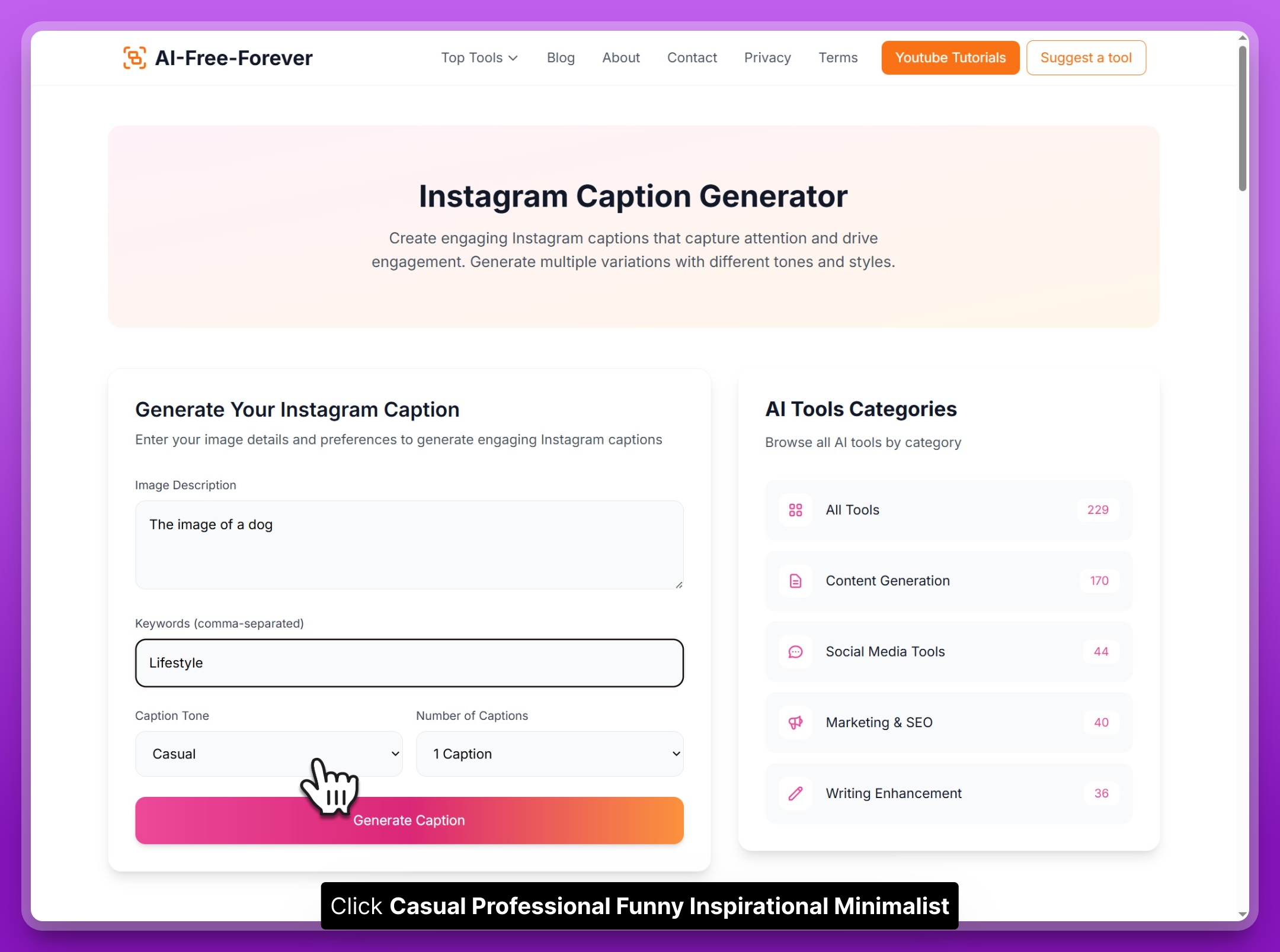 Step 3: Choose caption tone from casual, professional, funny, inspirational, or minimalist options