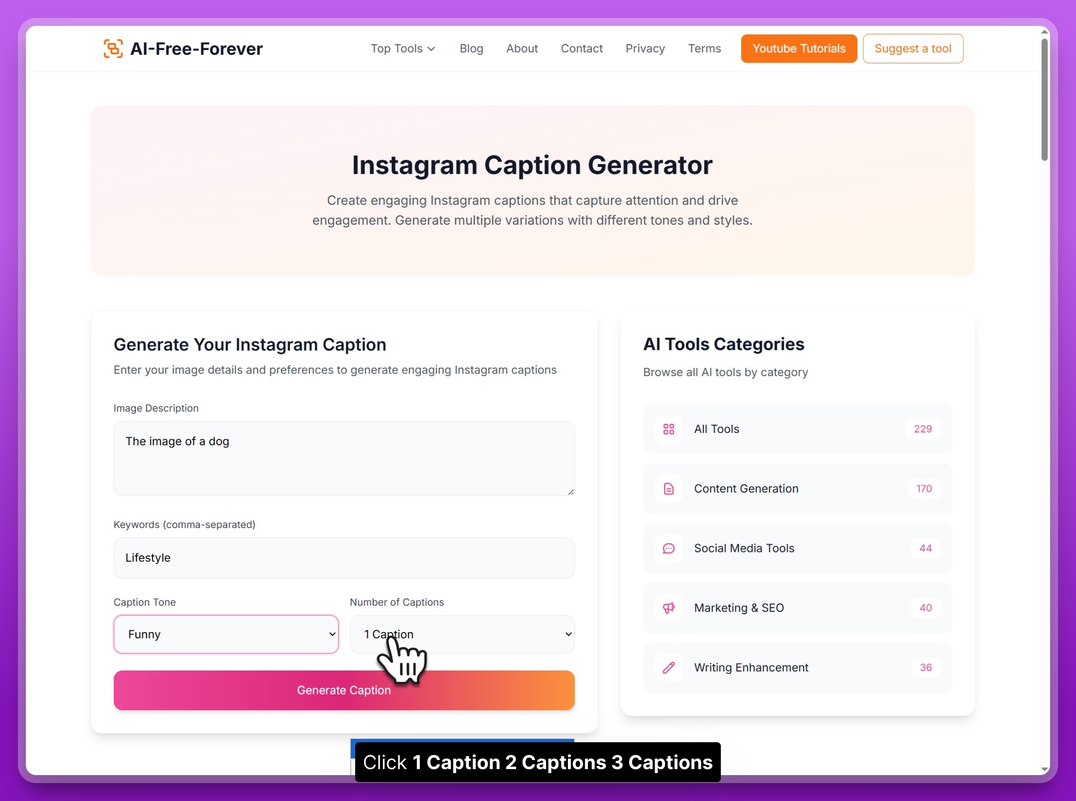 Step 4: Select number of Instagram caption variations to generate