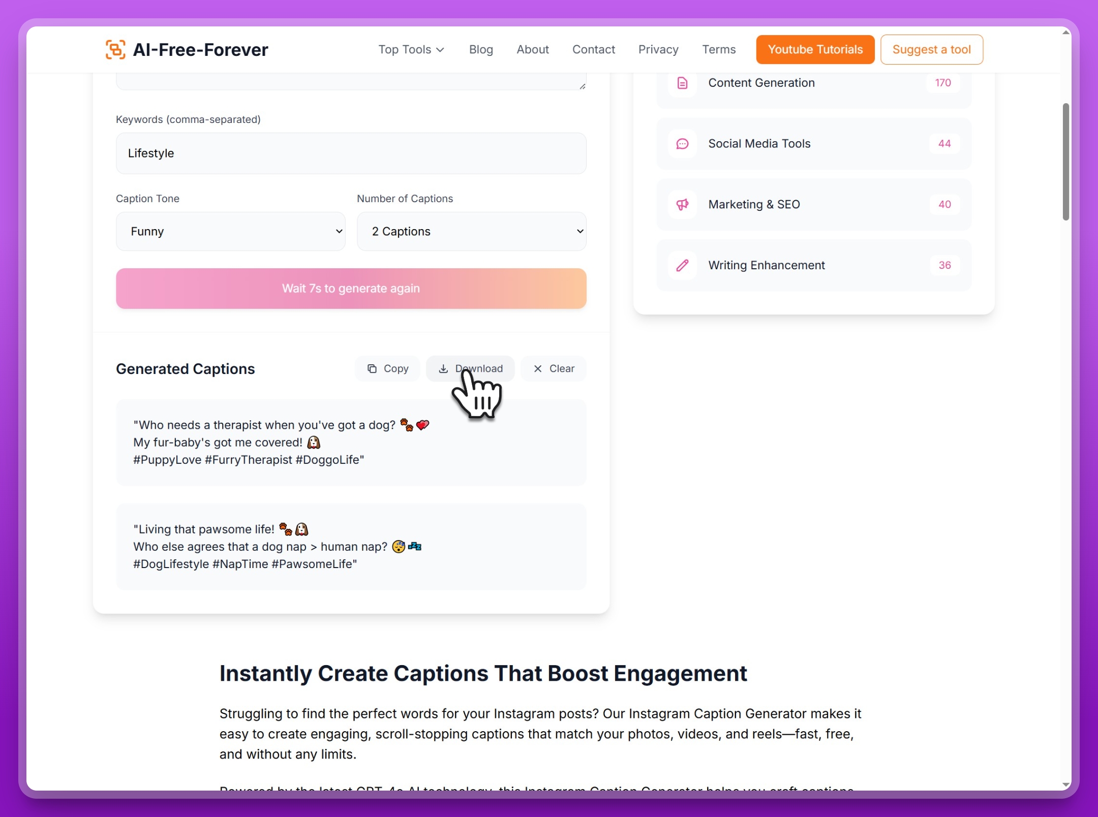 Step 5: Copy generated Instagram captions with hashtags and emojis for your posts
