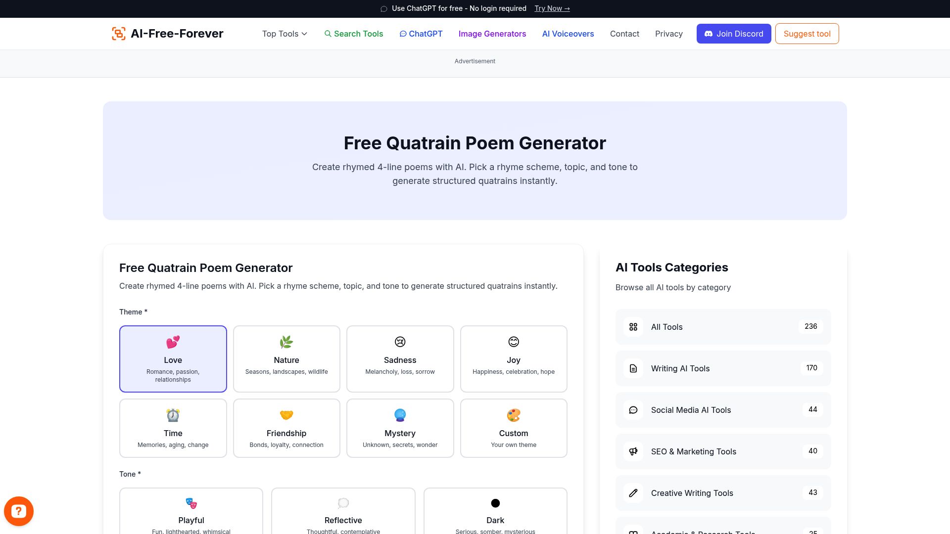 Free Quatrain Poem Generator - Generate four-line stanzas with various rhyme schemes and perfect meter structure