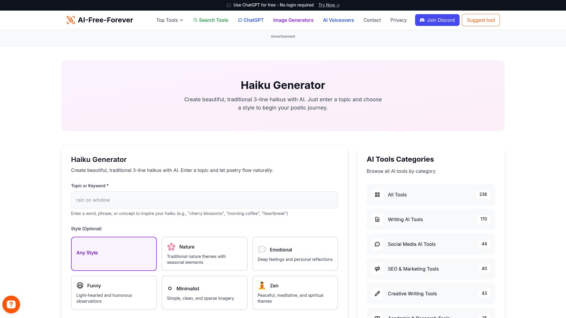 Haiku Generator - Generate beautiful traditional haikus with perfect 5-7-5 syllable structure and nature themes