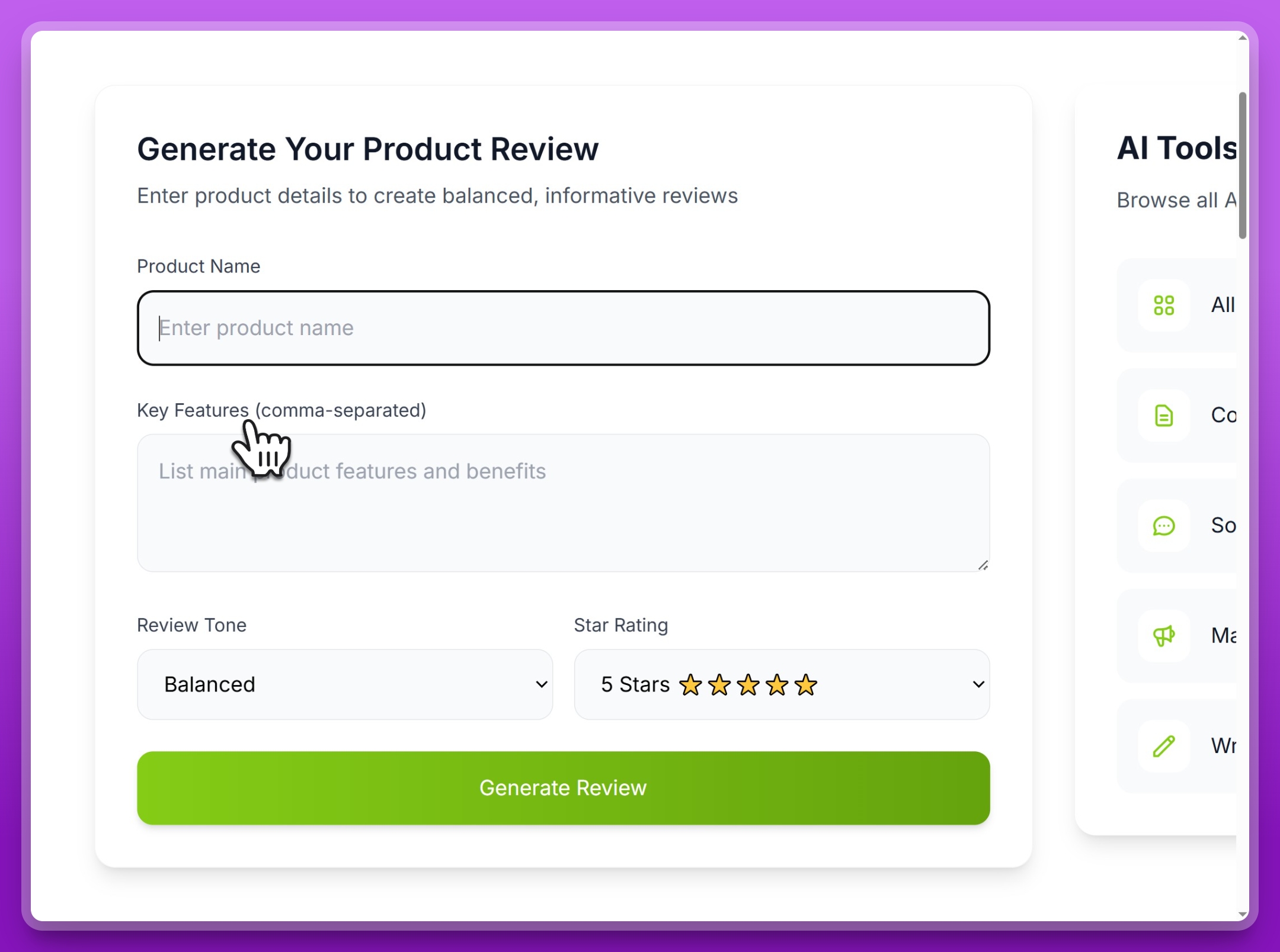 Step 1: Enter product name in the AI Product Review Generator interface