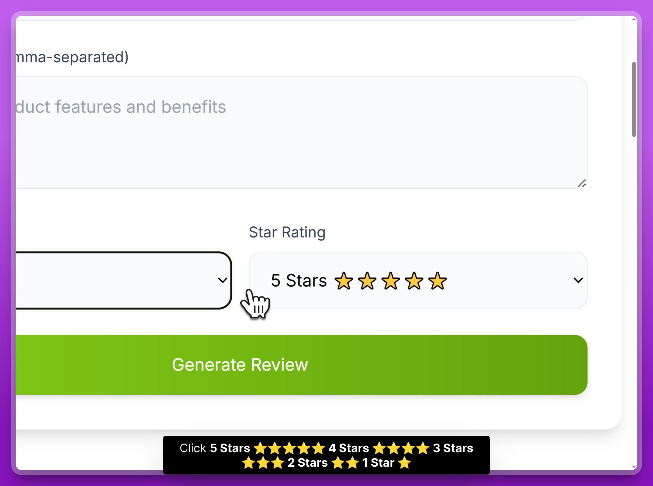 Step 3: Select review tone and star rating options for the product review