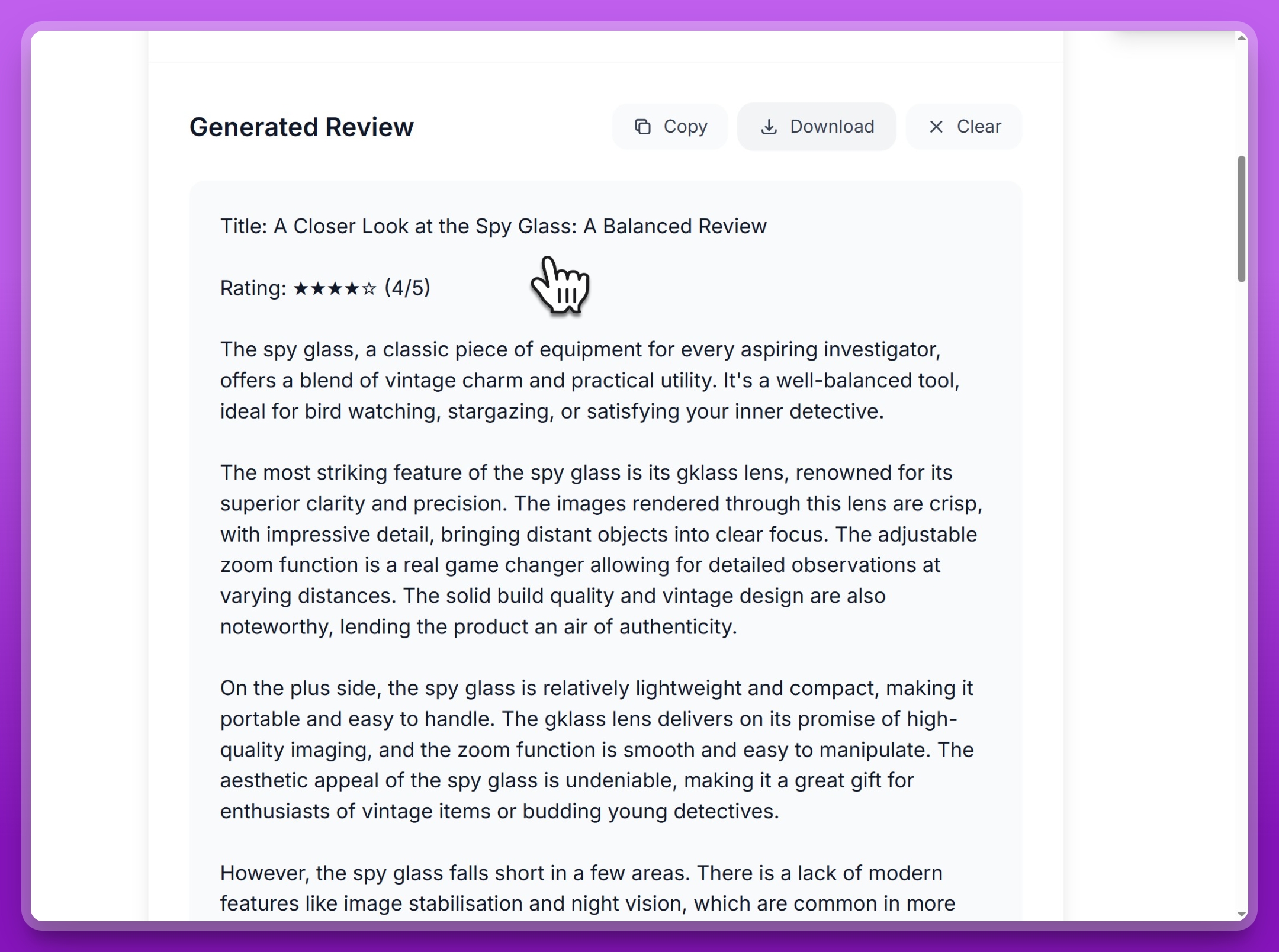 Step 5: Copy, download, or clear the generated product review with action buttons