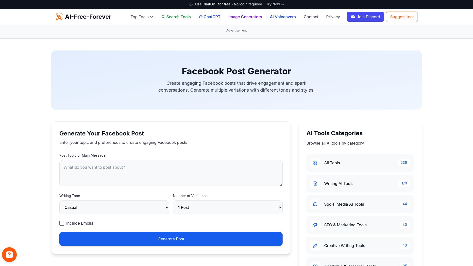 Facebook Post Generator - Free AI tool to create engaging Facebook posts with optimal length and hashtag optimization