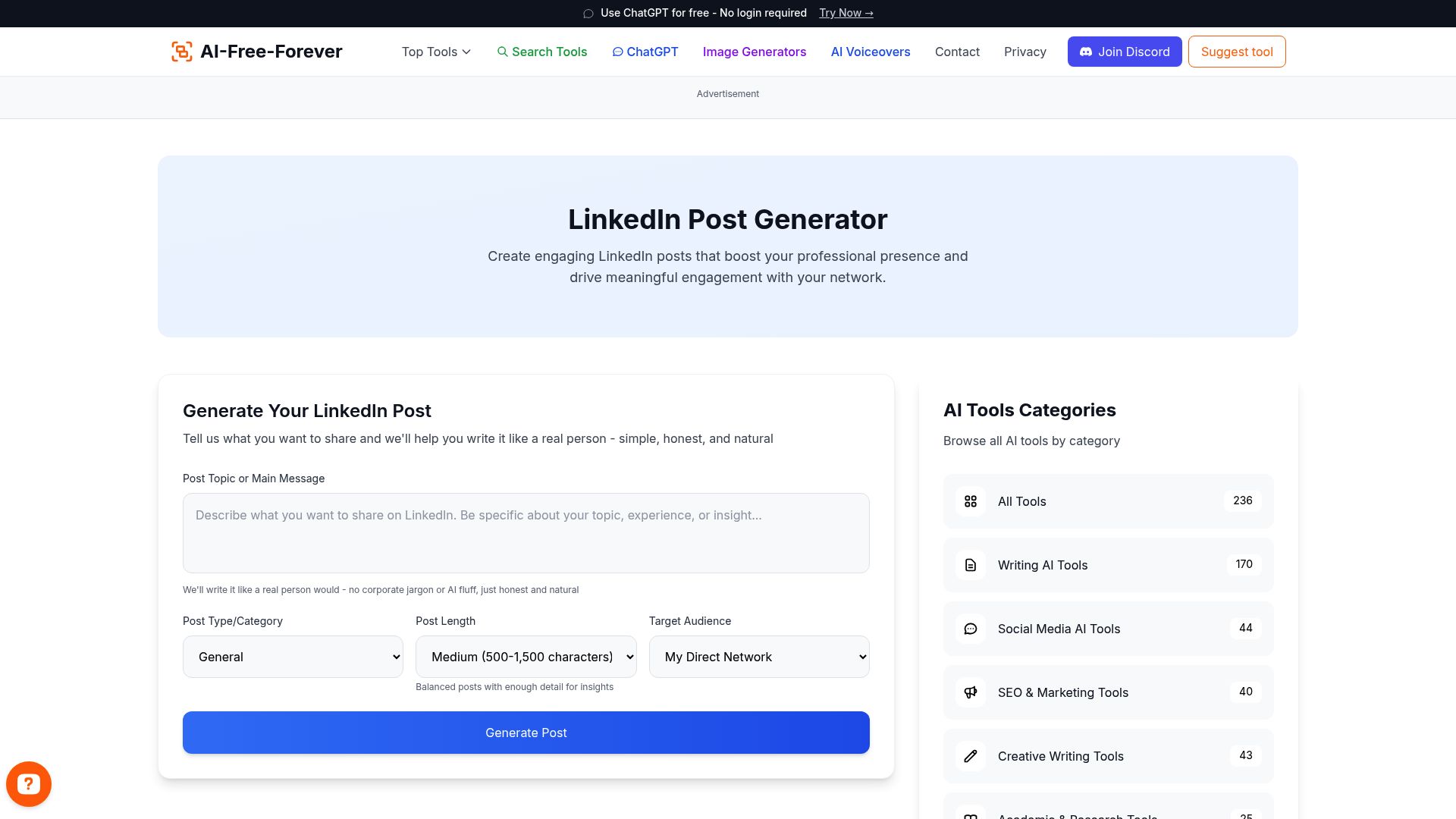 LinkedIn Post Generator - Generate professional LinkedIn content that builds authority and drives meaningful business engagement