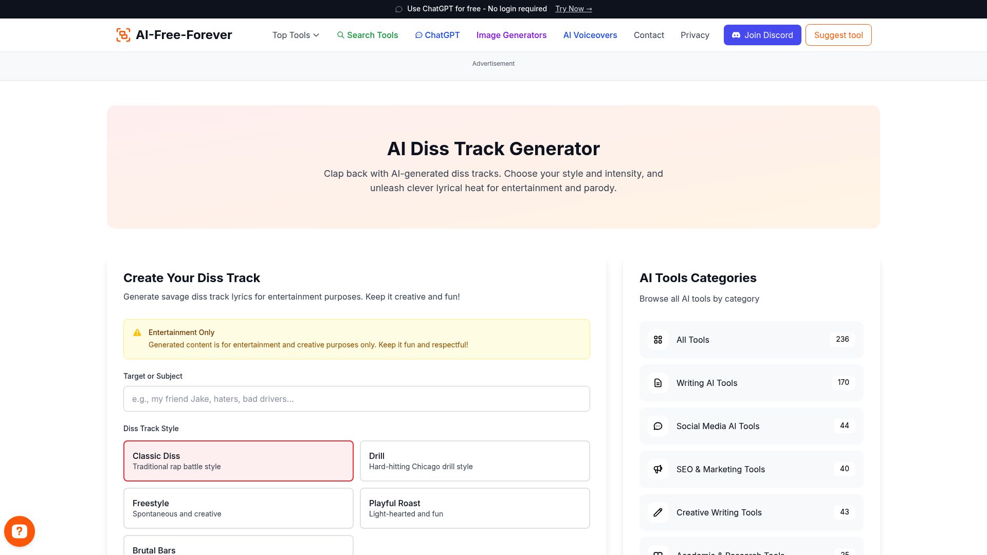 AI Diss Track Generator - Generate clever diss tracks with sharp wordplay and competitive lyrics for battle rap and hip-hop