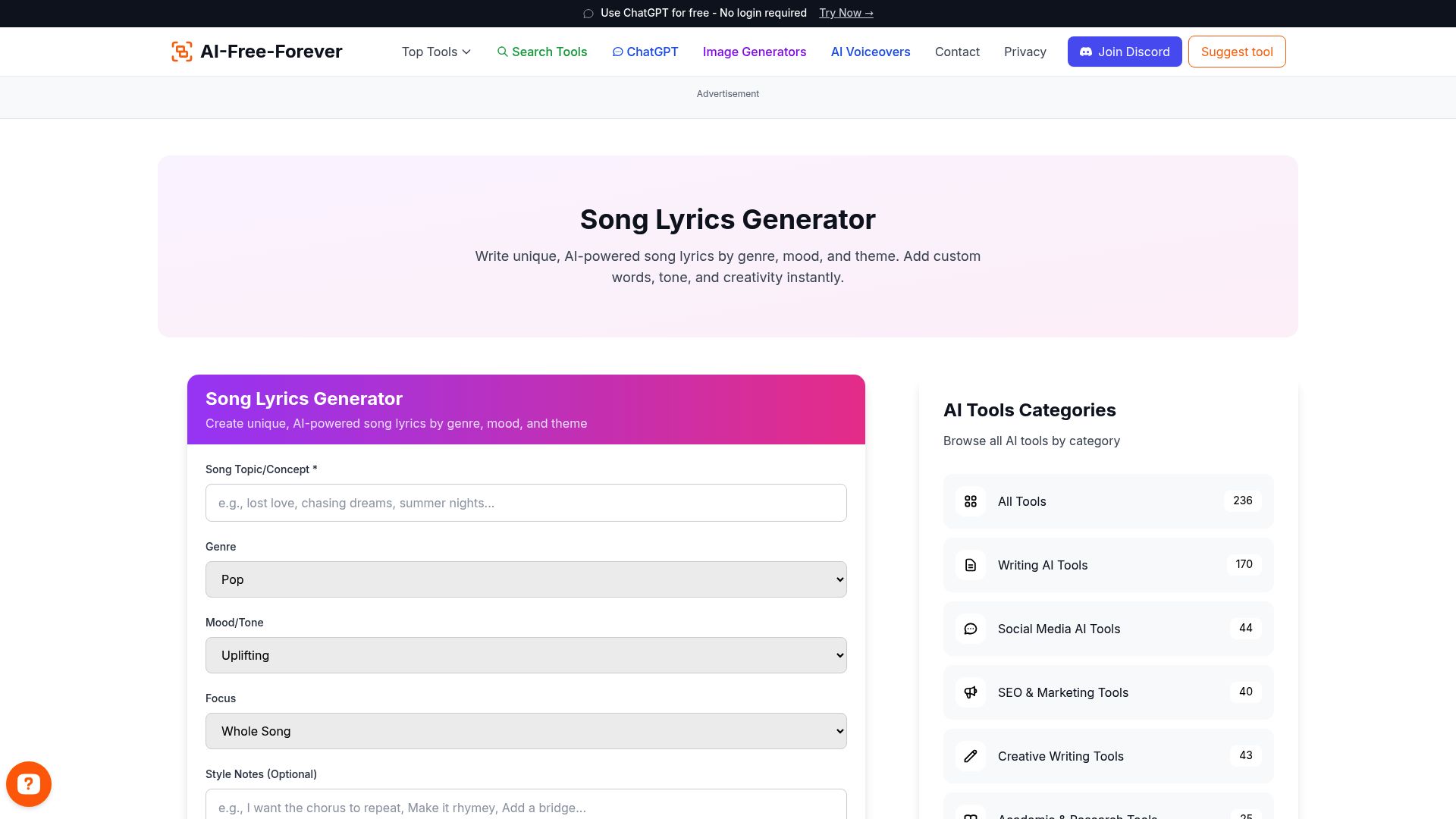 Song Lyrics Generator - Create versatile song lyrics for any genre and musical style with professional songwriting quality