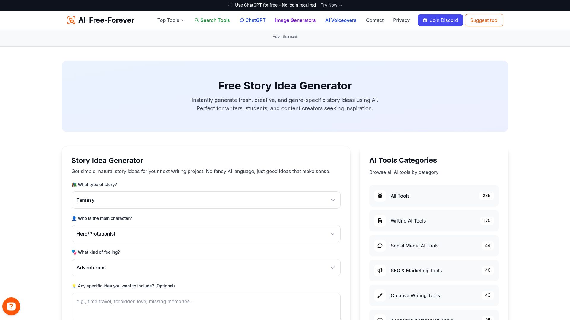 Story Idea Generator - Generate creative story concepts and plot ideas for your writing projects with unique premises