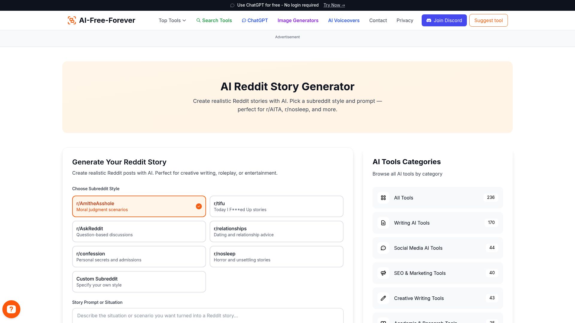 AI Reddit Story Generator - Generate compelling stories perfect for Reddit communities and social sharing with engaging narratives