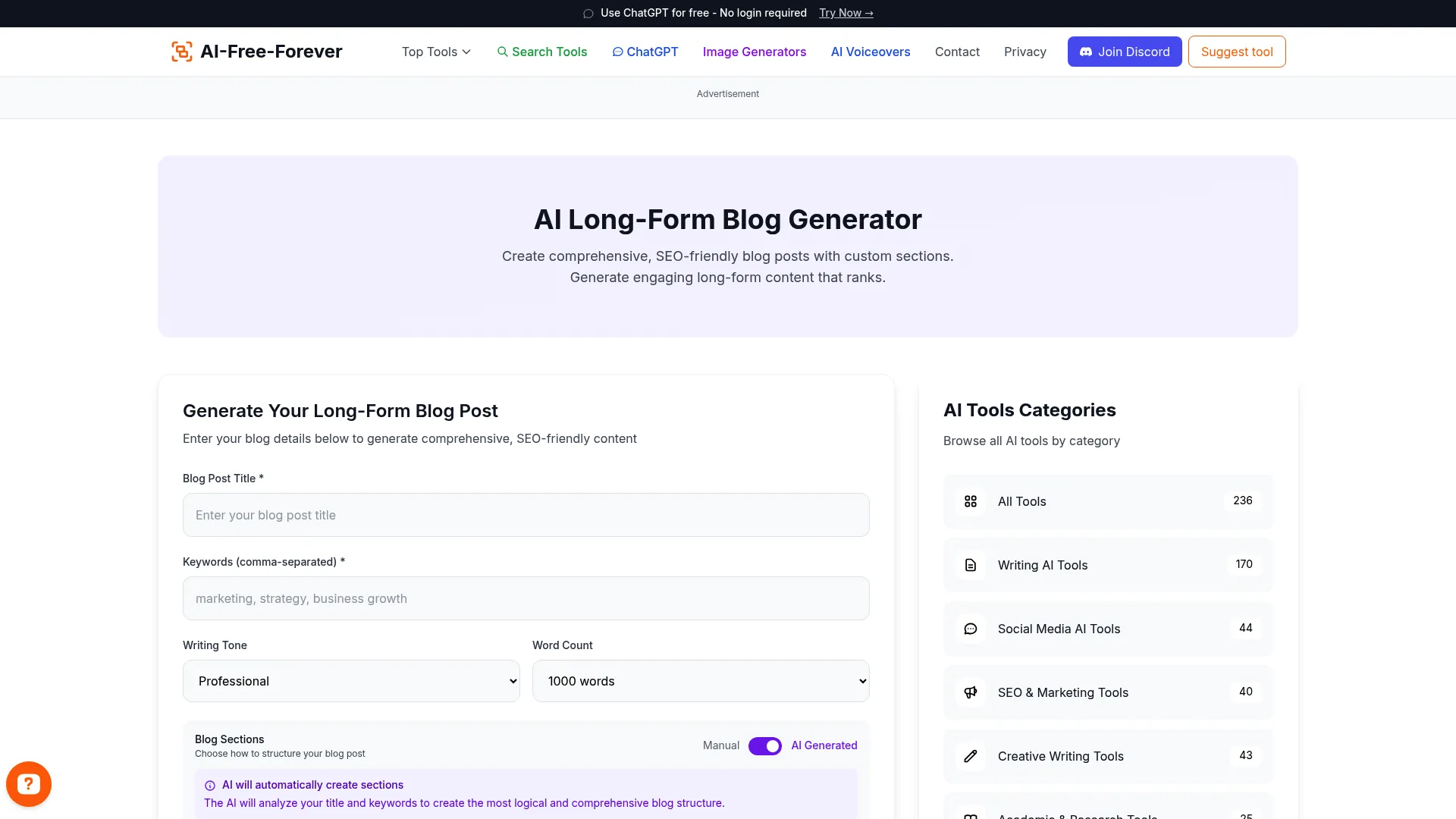 Long Form Blog Generator - Create detailed, well-researched content for projects and assignments