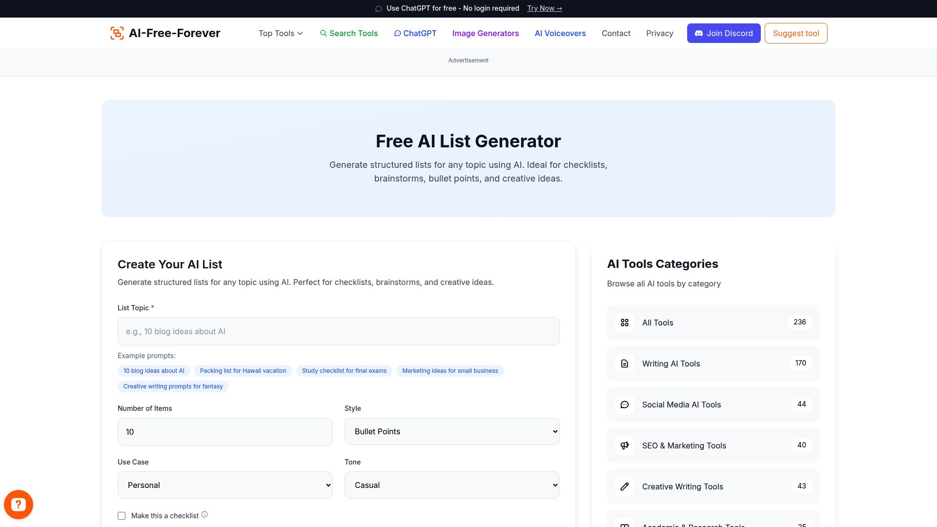Free AI List Generator - Create organized lists for study topics, tasks, and academic planning to boost productivity