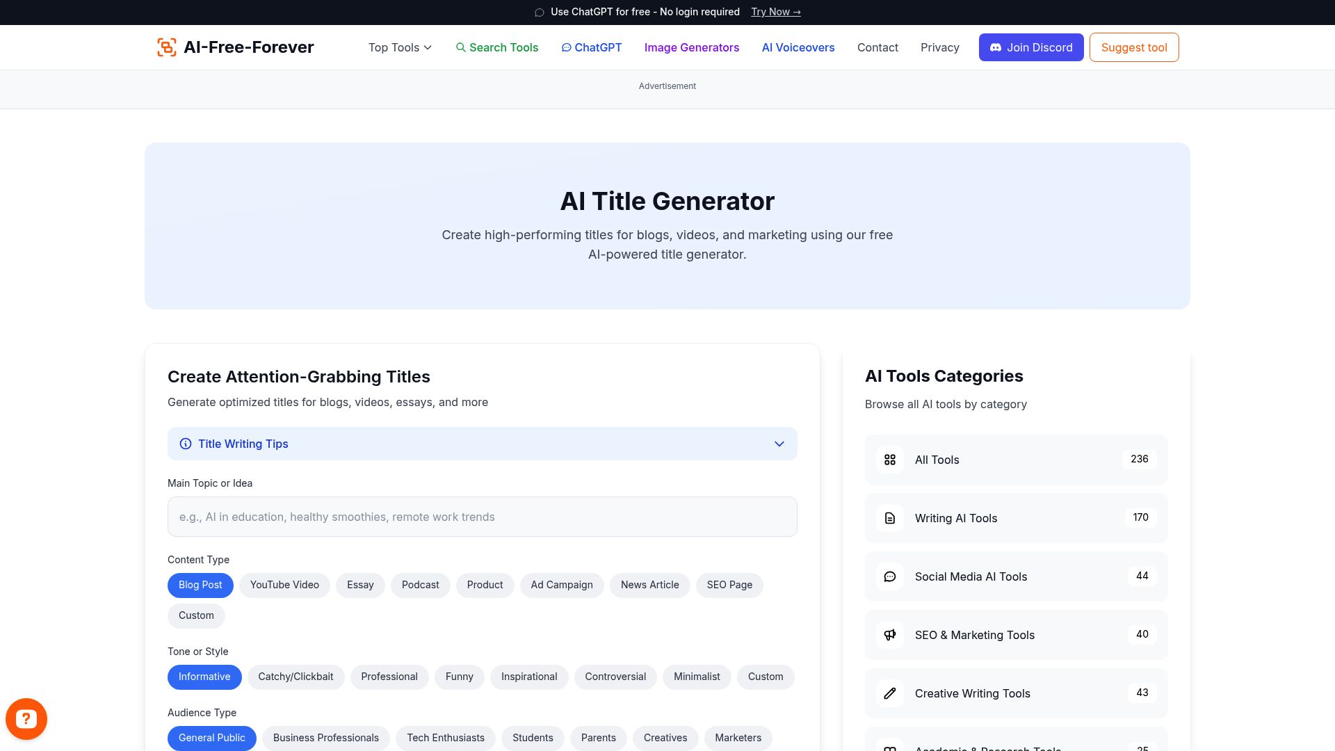 AI Title Generator - Create compelling titles and headlines for any content type with engaging hooks