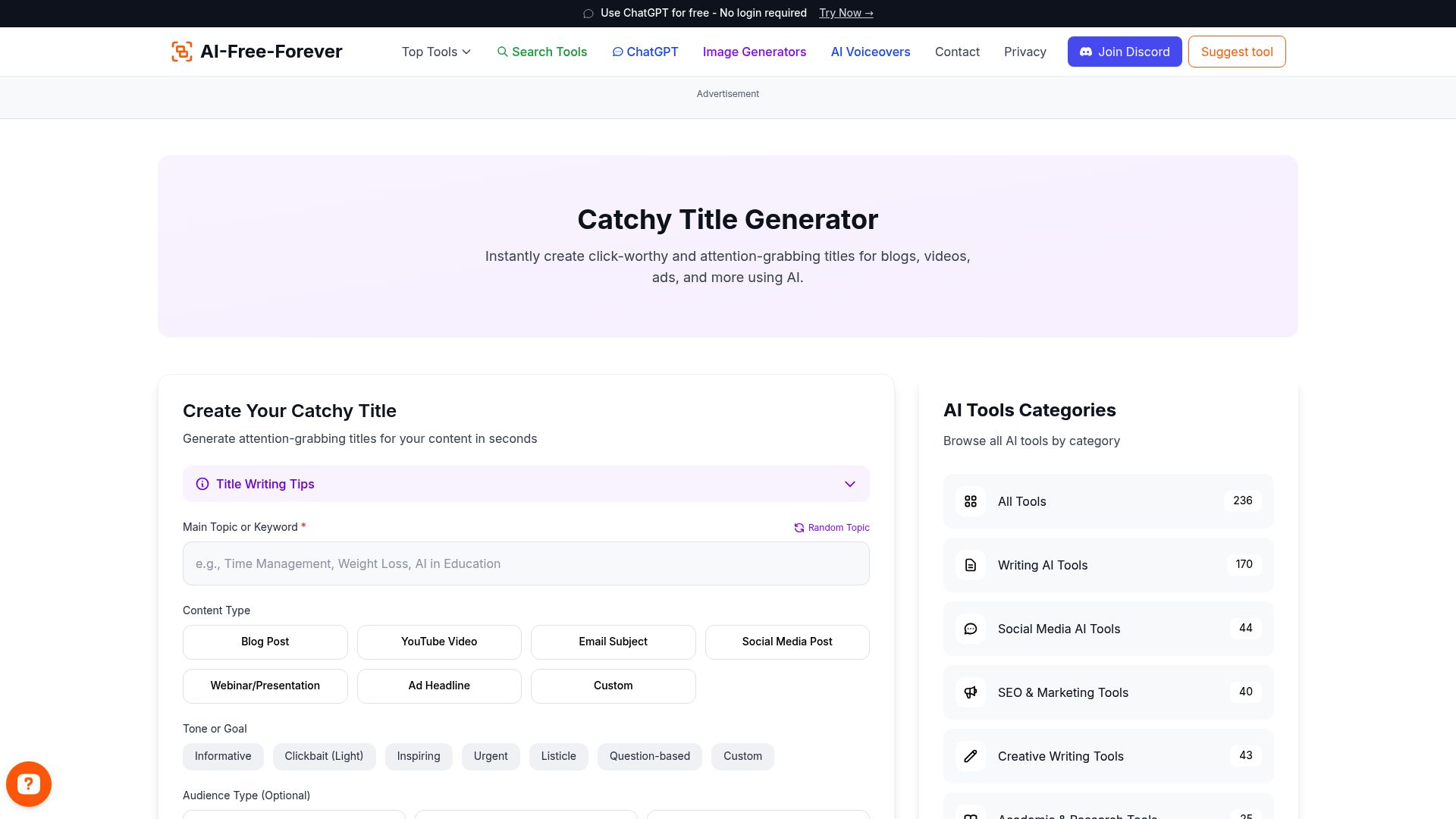 Catchy Title Generator - Generate attention-grabbing titles that boost engagement and click-through rates
