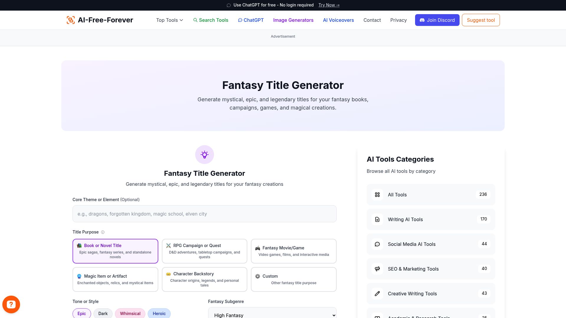 Fantasy Title Generator - Create magical titles for fantasy stories, games, and mythical content